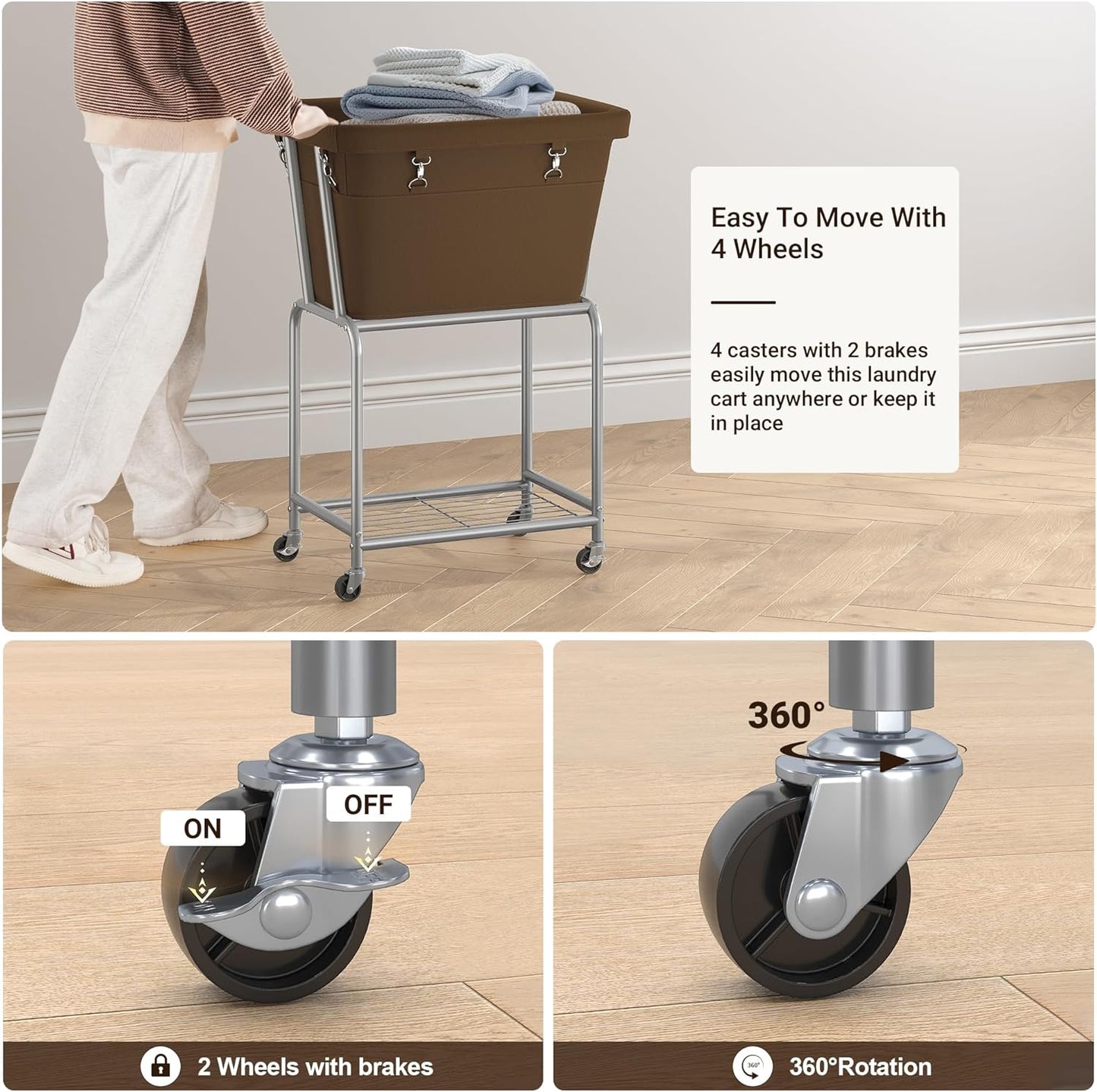 ELYKEN Laundry Cart with Wheels, Rolling Laundry Hamper with Removable Bag and Shelf, Metal Frame Laundry Basket with 4 Casters and 2 Brakes, Ideal for Bedroom, Bathroom, Laundry Room, Camel Brown