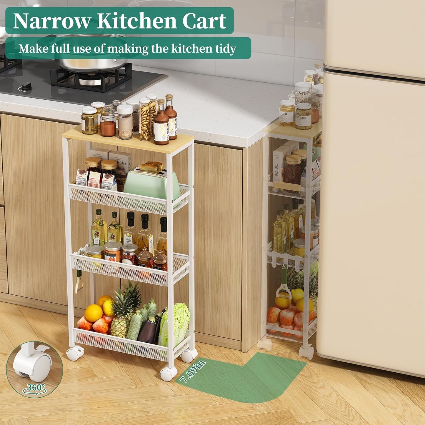 TIPGO Utility Slim Storage Cart, 4 Tier Rolling Cart with Wheels, Narrow Storage Cabinet for Bathroom, Laundry Shelves for Room Organization, Small Organizer for Kitchen, Office and Dorm (White)