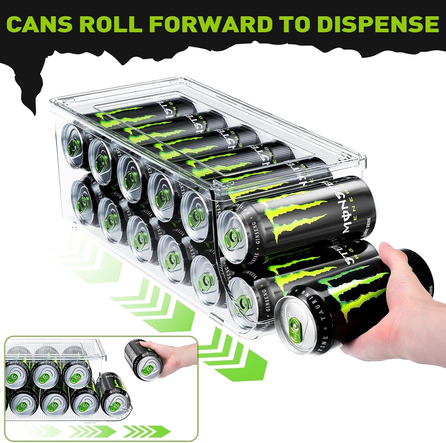 Soda Can Organizer for Refrigerator for Tall Cans of 16oz & 17oz, Stackable Beverage Cans Container Holder Dispenser with Lid for Fridge Pantry Rack Freezer (One Pack)