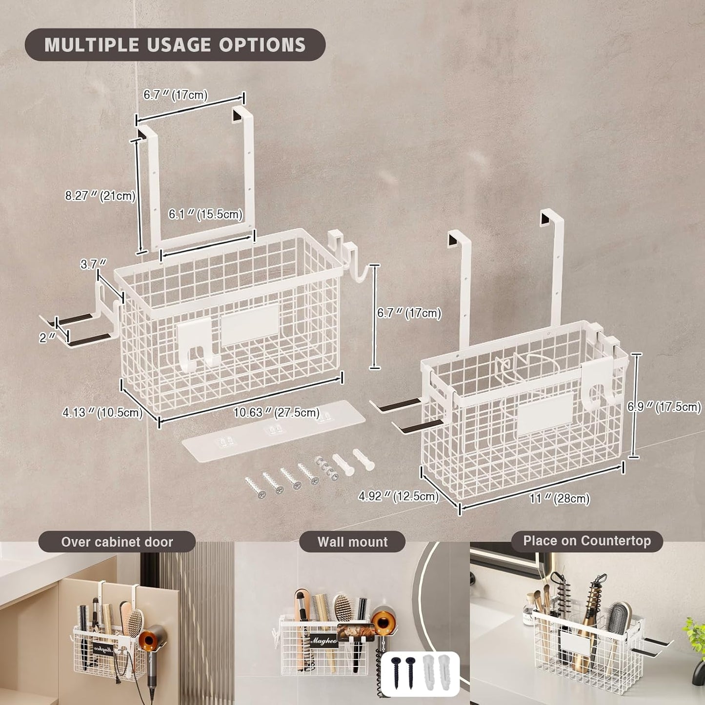 2 Pack Hair Tool Organizer,Adhesive Hair Dryer Holder Cabinet Door/Wall Mounted Adjustable Height Blow Dryer Holder Under Sink Bathroom Hair Appliance Organizer and Storage Countertop(White)