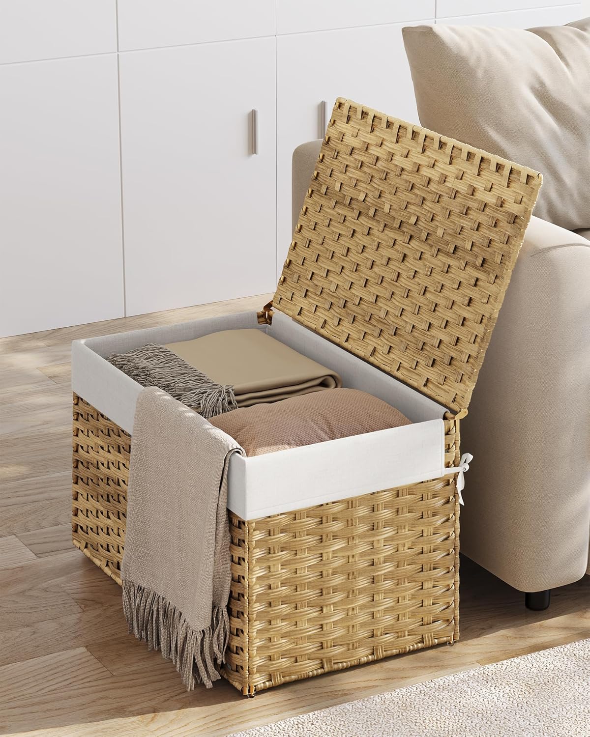 SONGMICS Storage Basket with Lid, Woven Blanket Storage Bin with Handles, Foldable, Removable Liner, Metal Frame, for Bedroom, Laundry Room, 27.7 Gallons (105 L), Natural URST066N01