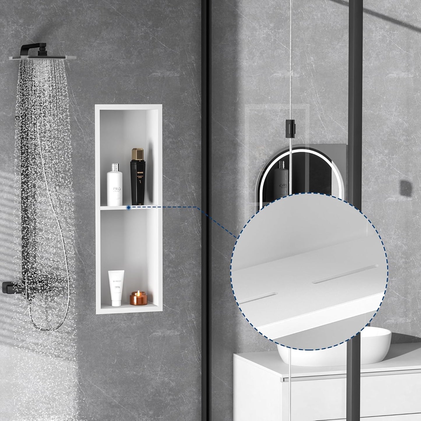 Stainless Steel Shower Niche 24" X 8", No Tile Needed Wall Niche Double Shelves, Recessed Shower Shelf for Bathroom Storage, Matte White