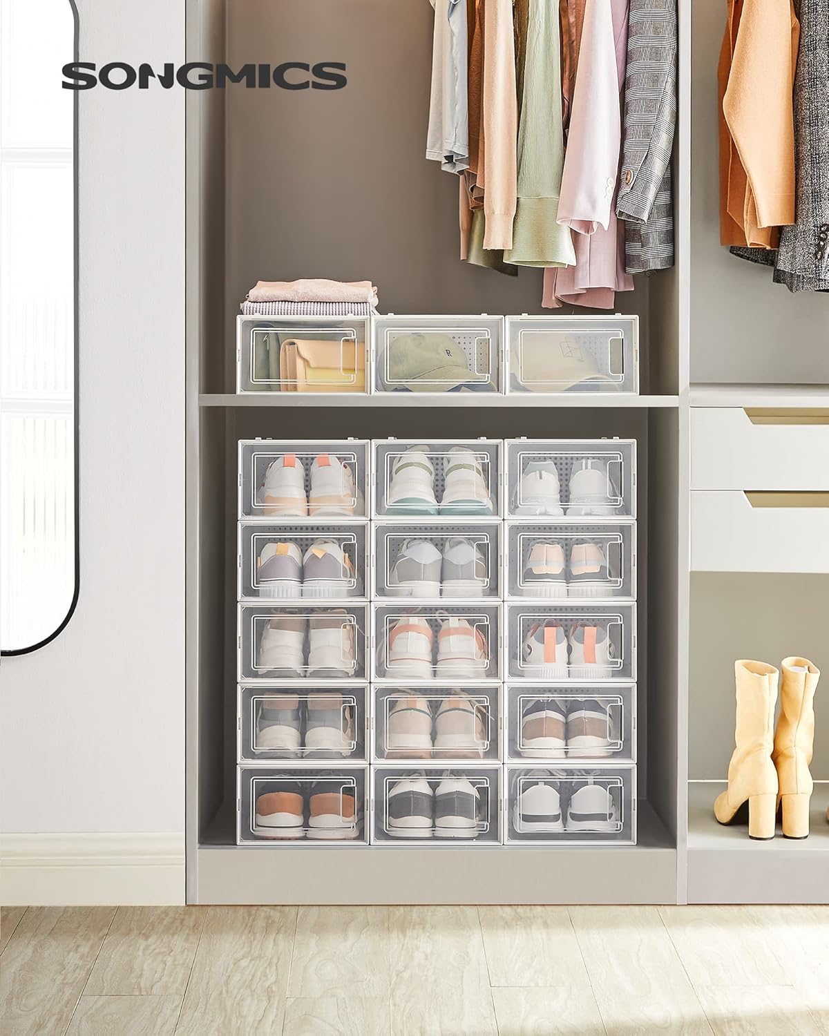 SONGMICS Shoe Boxes, Pack of 18 Shoe Storage Organizers, Stackable Clear Plastic Boxes for Closet, Sneakers, 13.1 x 9.1 x 5.6 Inches, Transparent and White ULSP18SWT