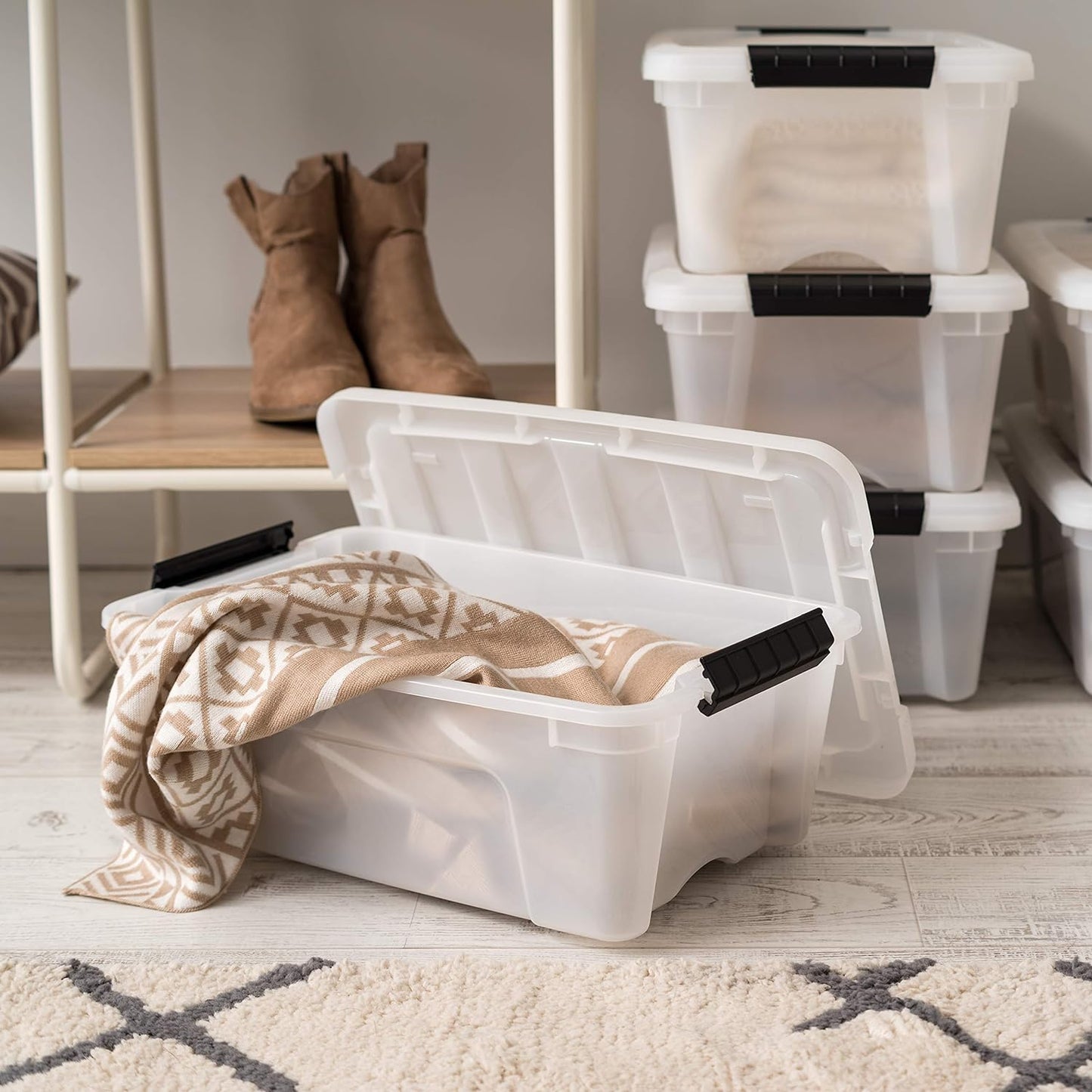 IRIS USA 13 QT Plastic Storage Box with Lid and Latches - 6 Pack - BPA-Free, Discreet Organizing Solution, Durable Nestable Stackable Containers, Secure Pull Handle - Pearl
