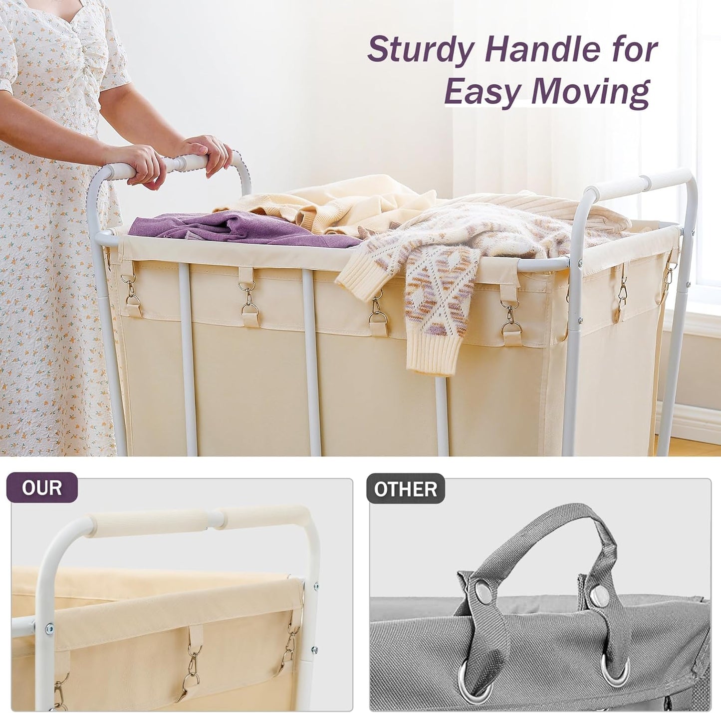 Hoctieon Large Laundry Cart with Wheels, 400L Heavy Duty Laundry Basket Organizer, Rolling Hamper Sorter for Clothes Storage, Industrial Dirty Clothes Hamper for Home & Hotel, Beige