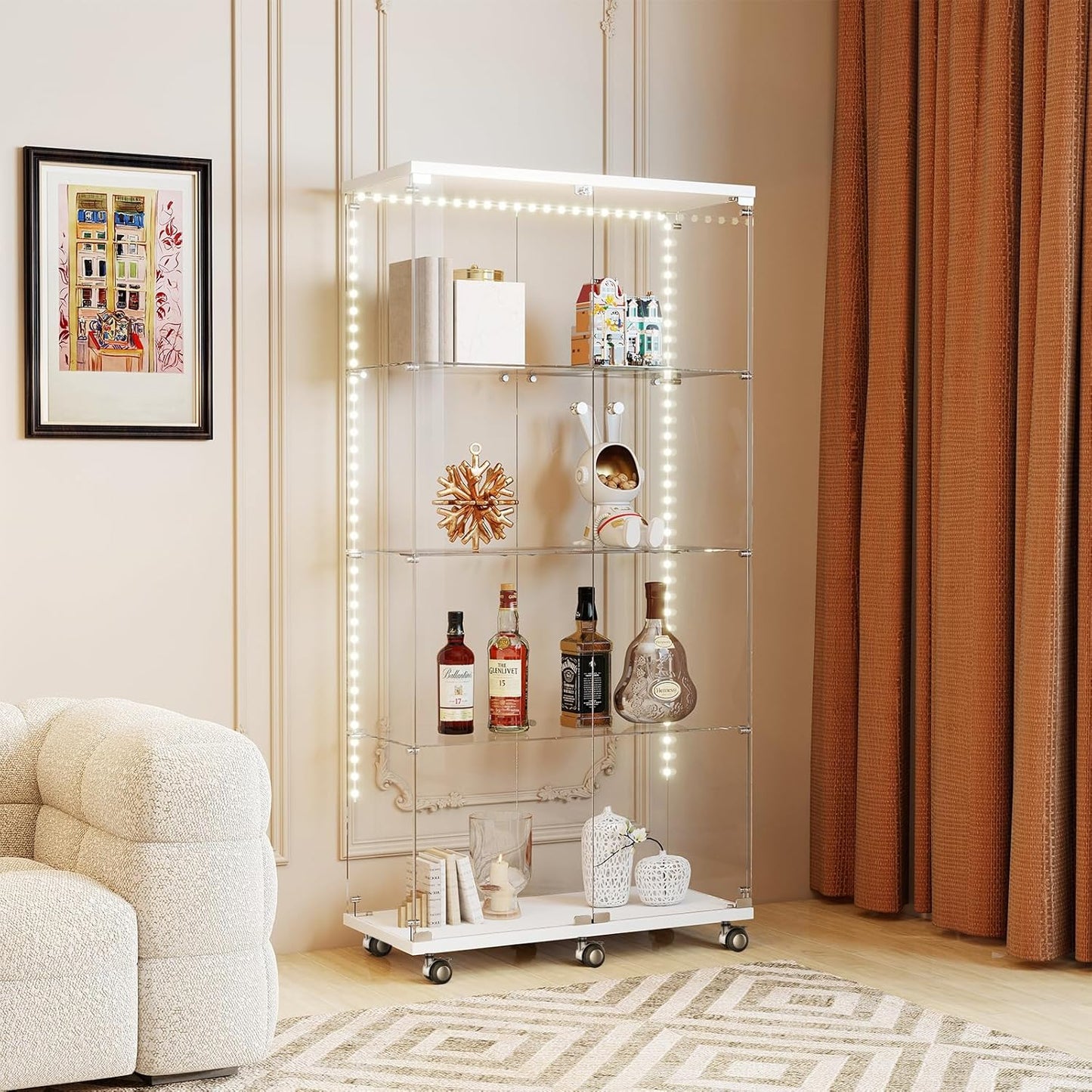 Tempered Glass Display Cabinet with Light Strip, 4-Tier Curio Cabinet with Glass Doors Wheels Locks, Glass Display Case for Collectibles for Living Room, Bedroom, Office, White, Double Door