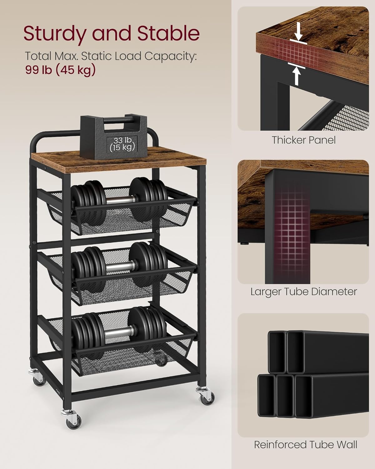 VASAGLE Storage Cart with Pull-Out Baskets, 4-Tier Kitchen Cart with Wheels, Handle, 12.5 x 15.8 x 29.9 Inches, Rustic Brown and Ink Black ULRC040K01