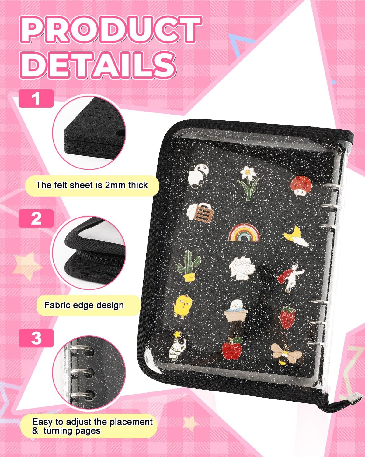 UCEC Enamel Pin Display Book & 50 PCS Rubber Pin Backs, A5 Album Pin Collection Binder for Brooch Pins, Black 6-Page Zippered Pinfolio Trading Organizer Case, Pin Storage Display Book for Enamel Badge