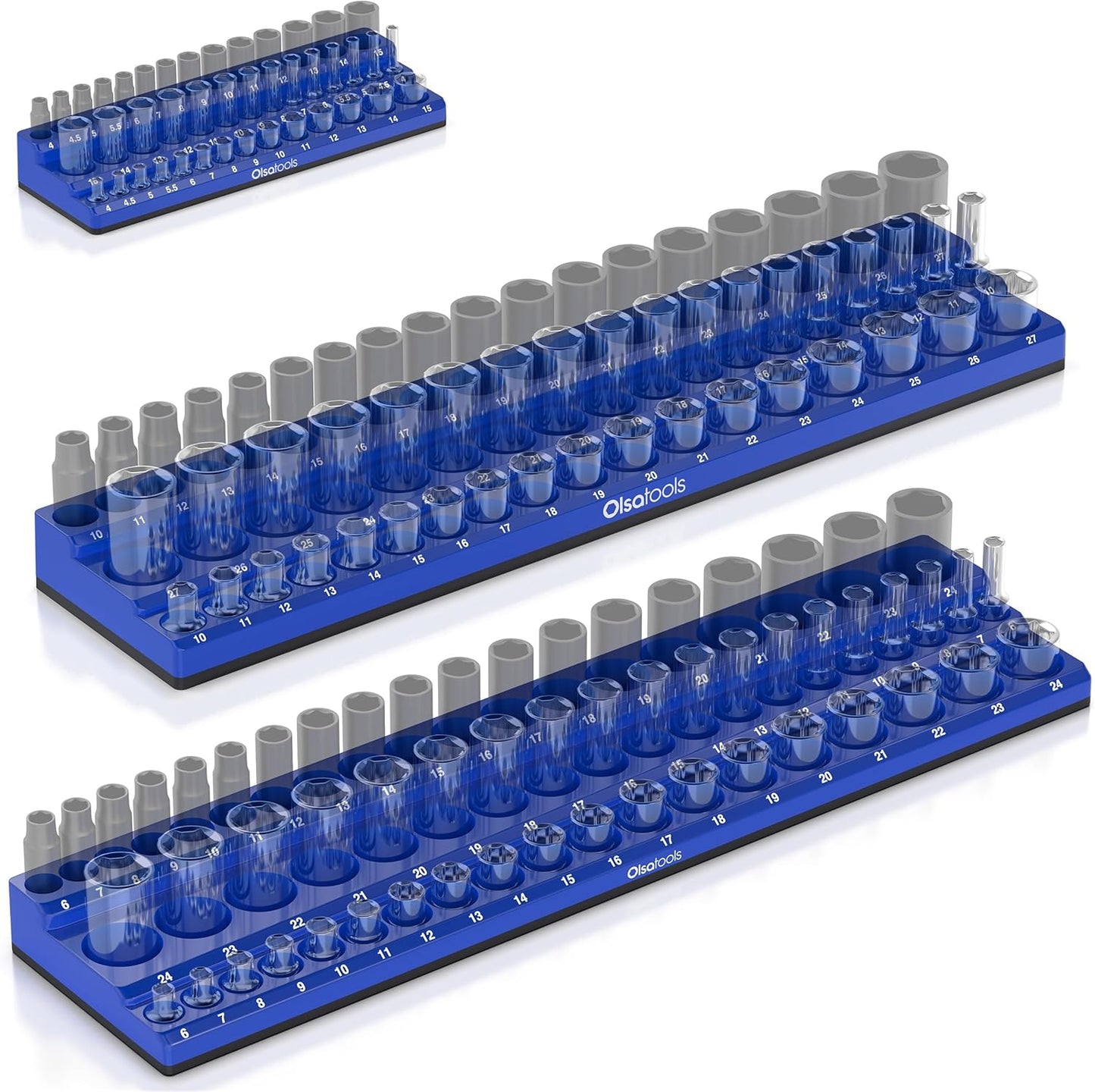 Olsa Tools 3-Row Magnetic Socket Organizer - Patented 3pc Socket Holder Kit - 1/2-Inch, 3/8-Inch, & 1/4-Inch Drive - Socket Organizers For Toolboxes - Blue - Holds 141 - Part 1562
