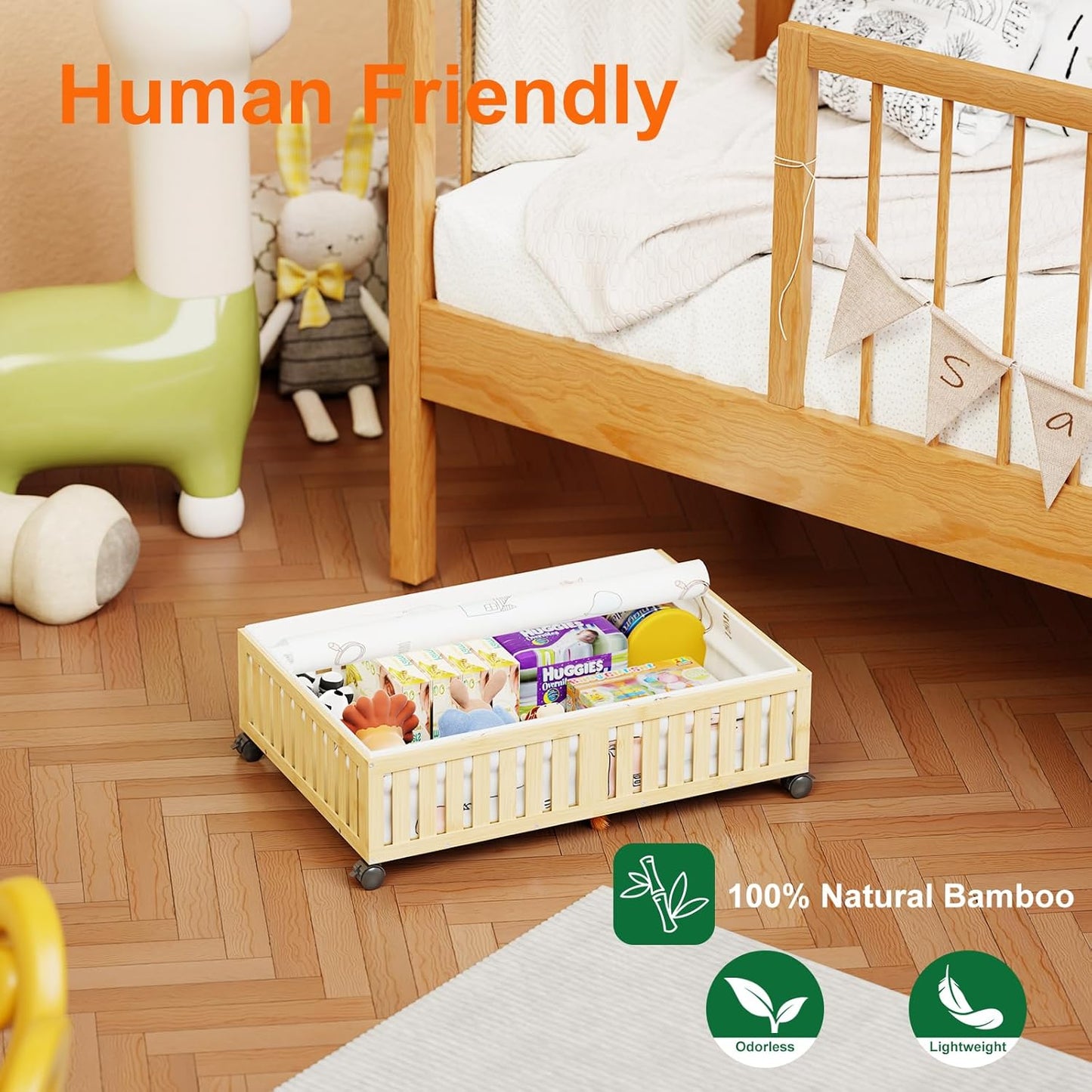 Bamboo Under Bed Storage Containers with Wheels, 40L UnderBed Drawers with Dust Bag, Breathable Under Bed Shoe Storage, Rolling UnderBed Clothes Storage, 1Pack