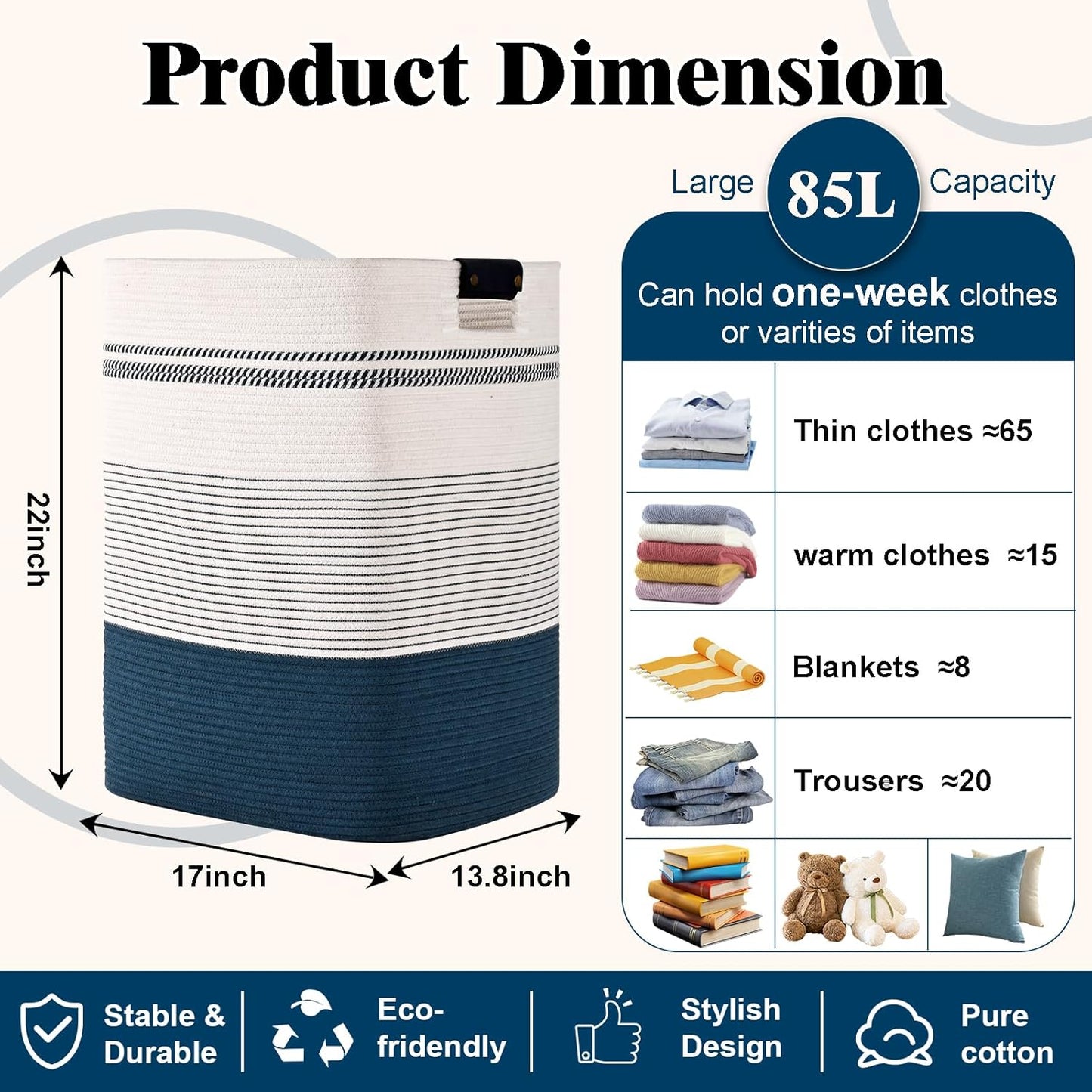 Laundry Hamper, 85L Tall Laundry Basket with Leather Handles, Rectangle Large Clothes Hamper for Organizing, Cotton Woven Laundry Baskets Storage Hampers for Bedroom, Nursery, Living Room