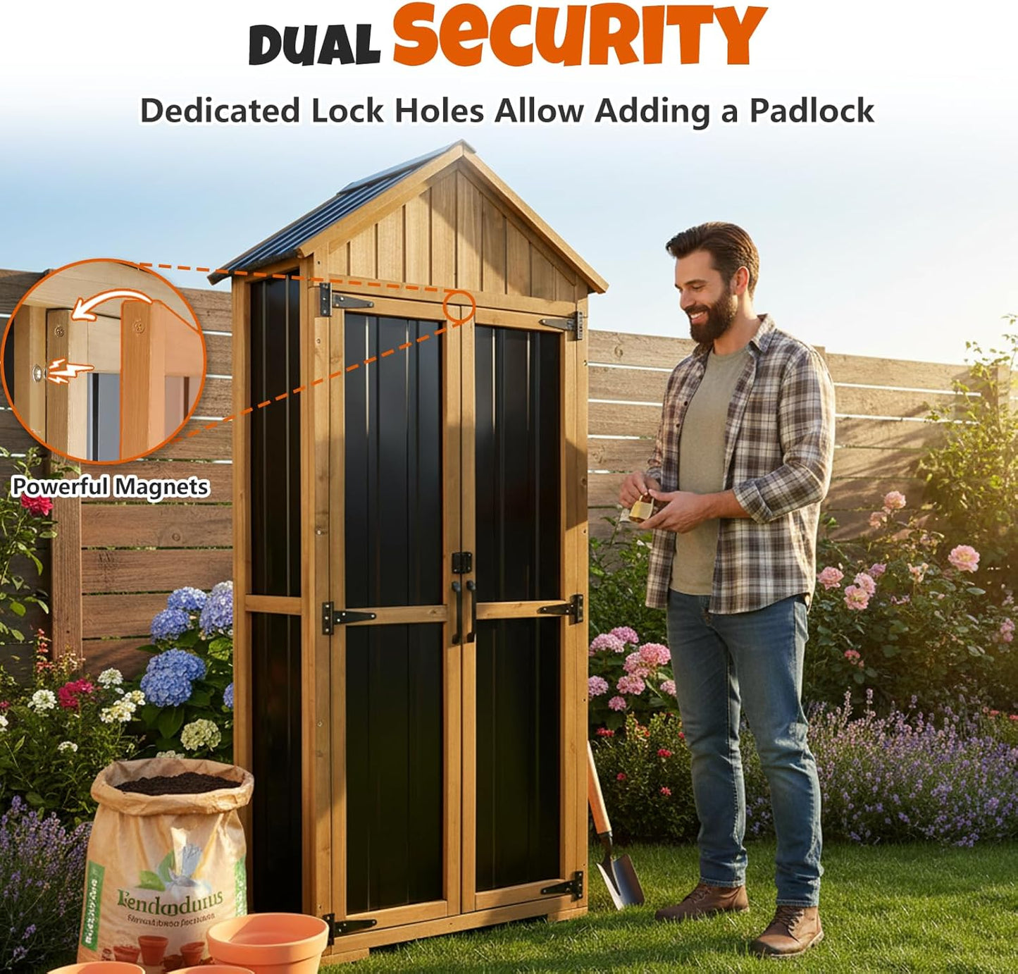 Outdoor Storage Cabinet with Shelves, Wood & Metal Storage Shed with Weatherproof Roof, 3 Removable Shelves, Double Lockable Doors, Adjustable Feet, Outside Storage Cabinet for Garage,Backyard, Patio
