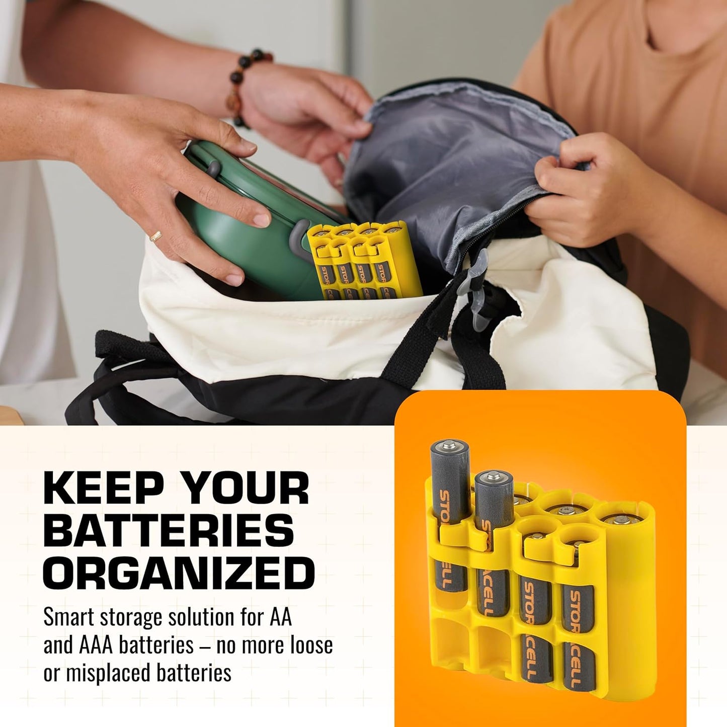 Storacell AA + AAA Combo Battery Storage Caddy and Dispenser, Yellow, Holds 4 AA + 4 AAA Batteries (Not Included), Durable & Compact Design, The Original Battery Caddy, Made in The USA