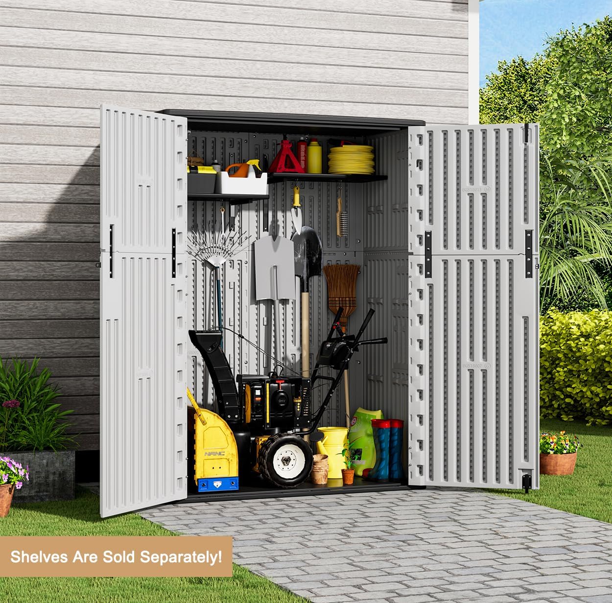 KINYING Outdoor Vertical Storage Shed,57 Cu.ft Outdoor Storage Cabinet Waterproof,Resin Sheds & Outdoor Storage Clearance for Garden,Patio,Backyard,Lockable (Grey)