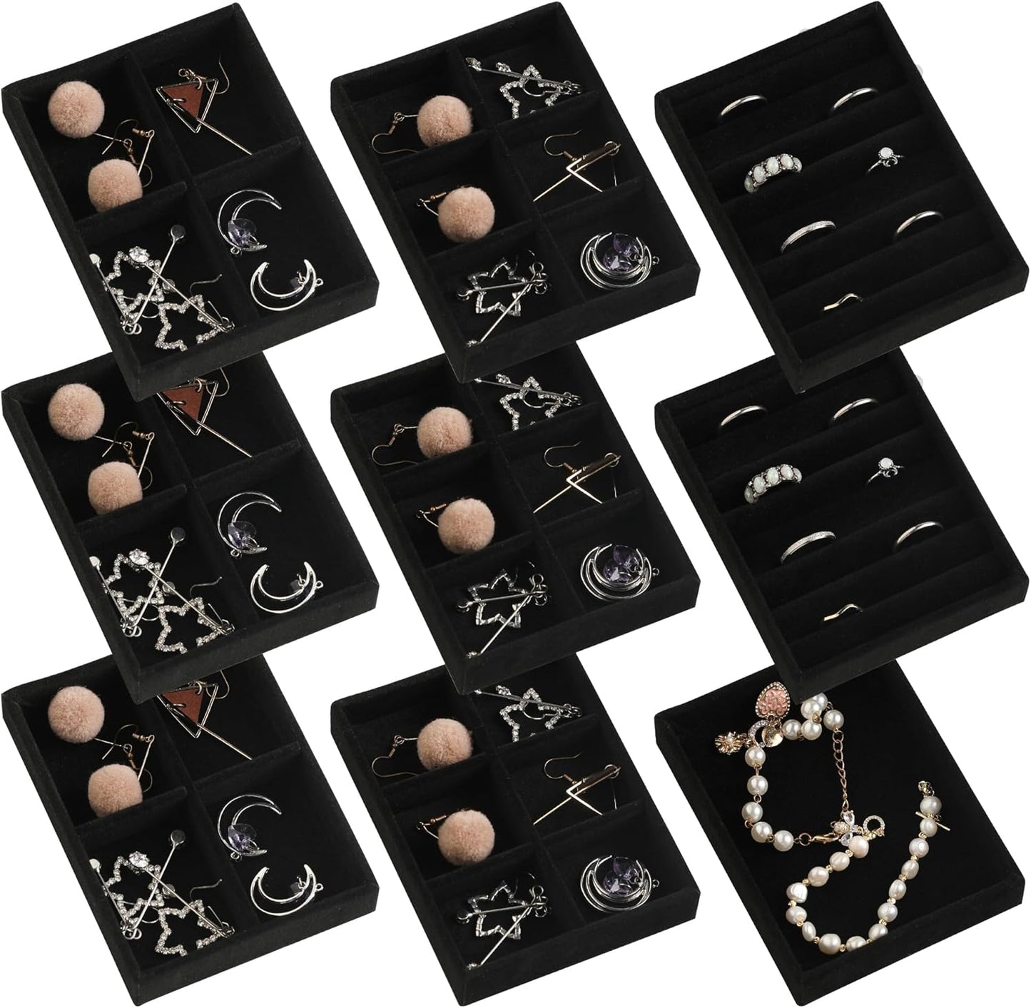 Frebeauty Small Jewelry Tray Set,Stackable Velvet Jewelry Organizer Tray,Mini Jewelry Drawer Organizer,Drawer Inserts,4.92 x 3.74 x 0.9 Inches,Earring Organizer for Women(Set 9,Black)