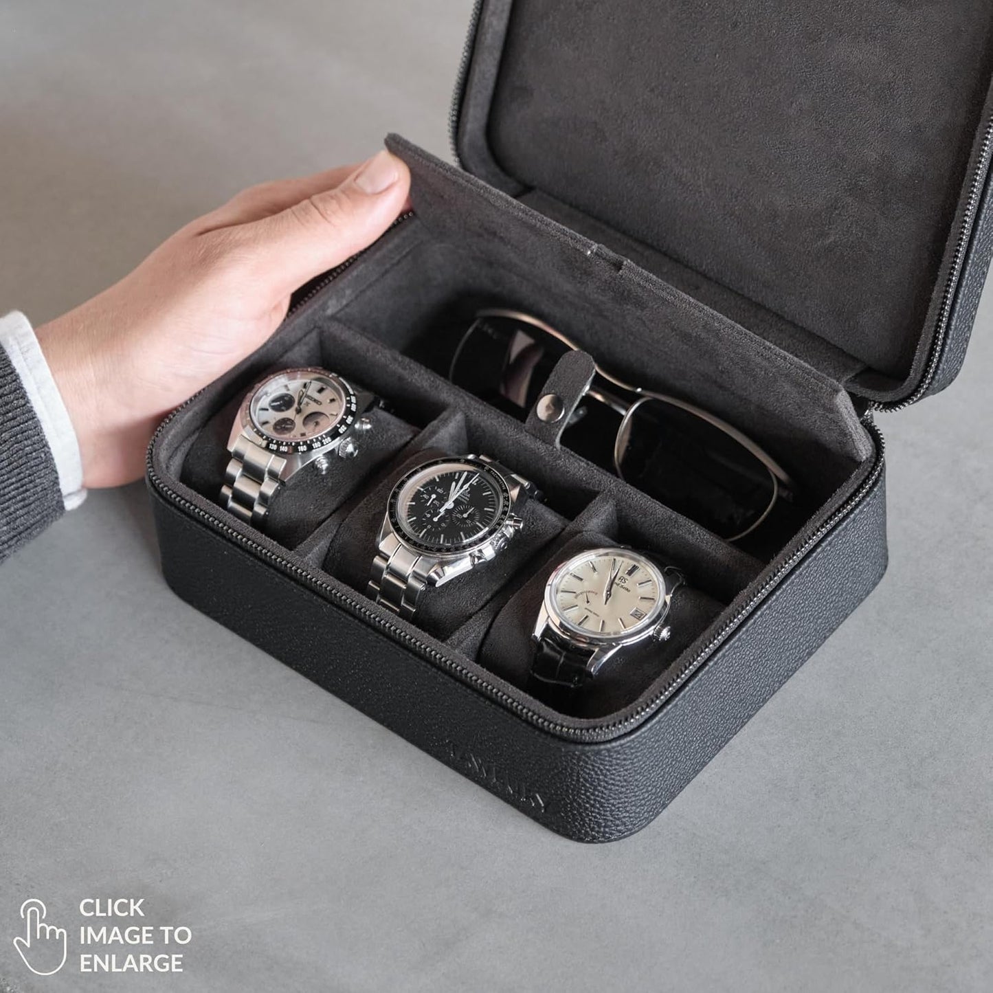 TAWBURY 3 Slot Watch Case Plus Storage – Luxury Leather Watch Travel Case for Men | Black Watch Cases for Men Travel | Traveling Watch Holder for Men | Black Watch Roll Case | 3 Watch Box for Men