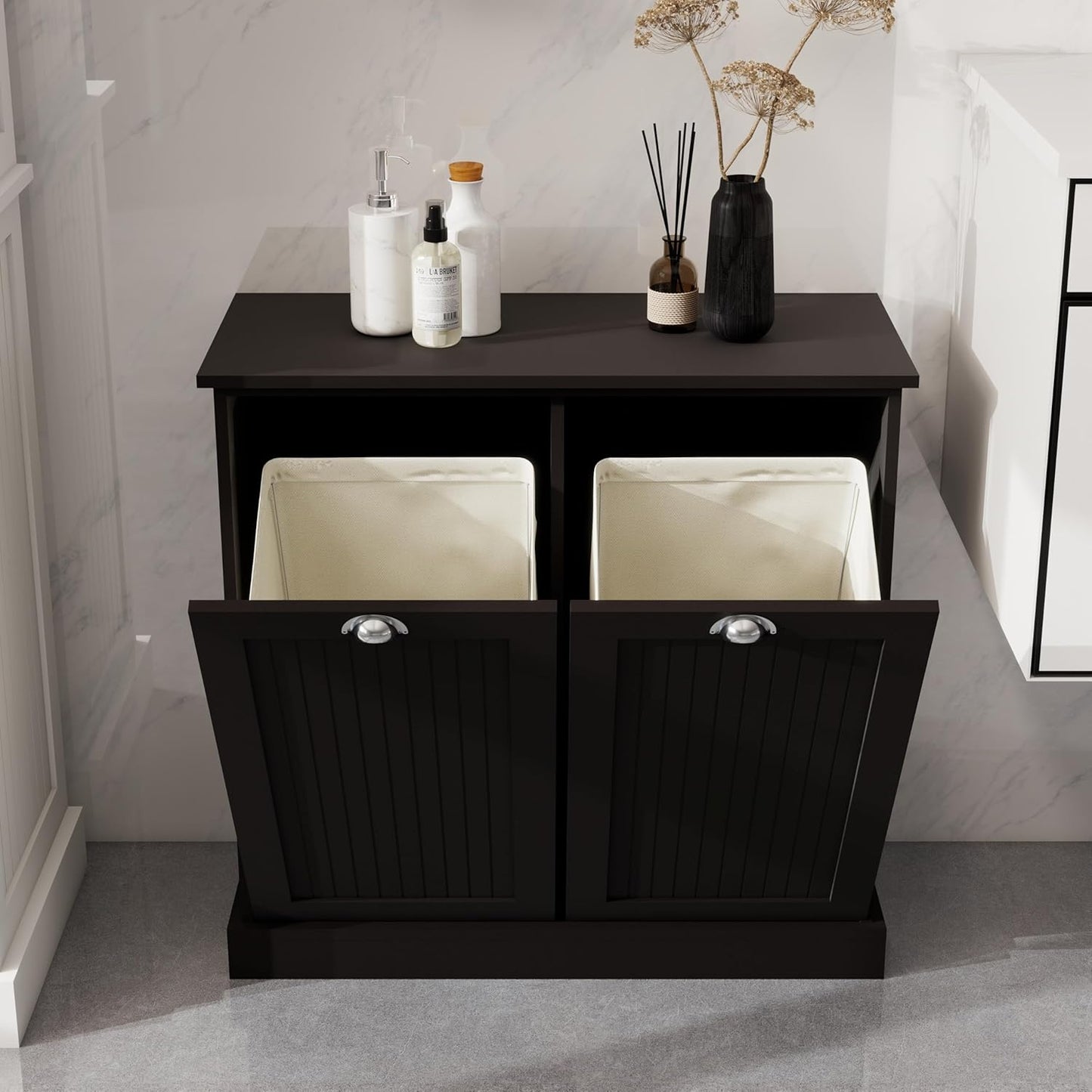 KEIKI Tilt-Out Laundry Sorter Cabinet with 2 Compartments, Pull Out Laundry Hamper Station with Storage for Laundry Organizers and Storage, Black