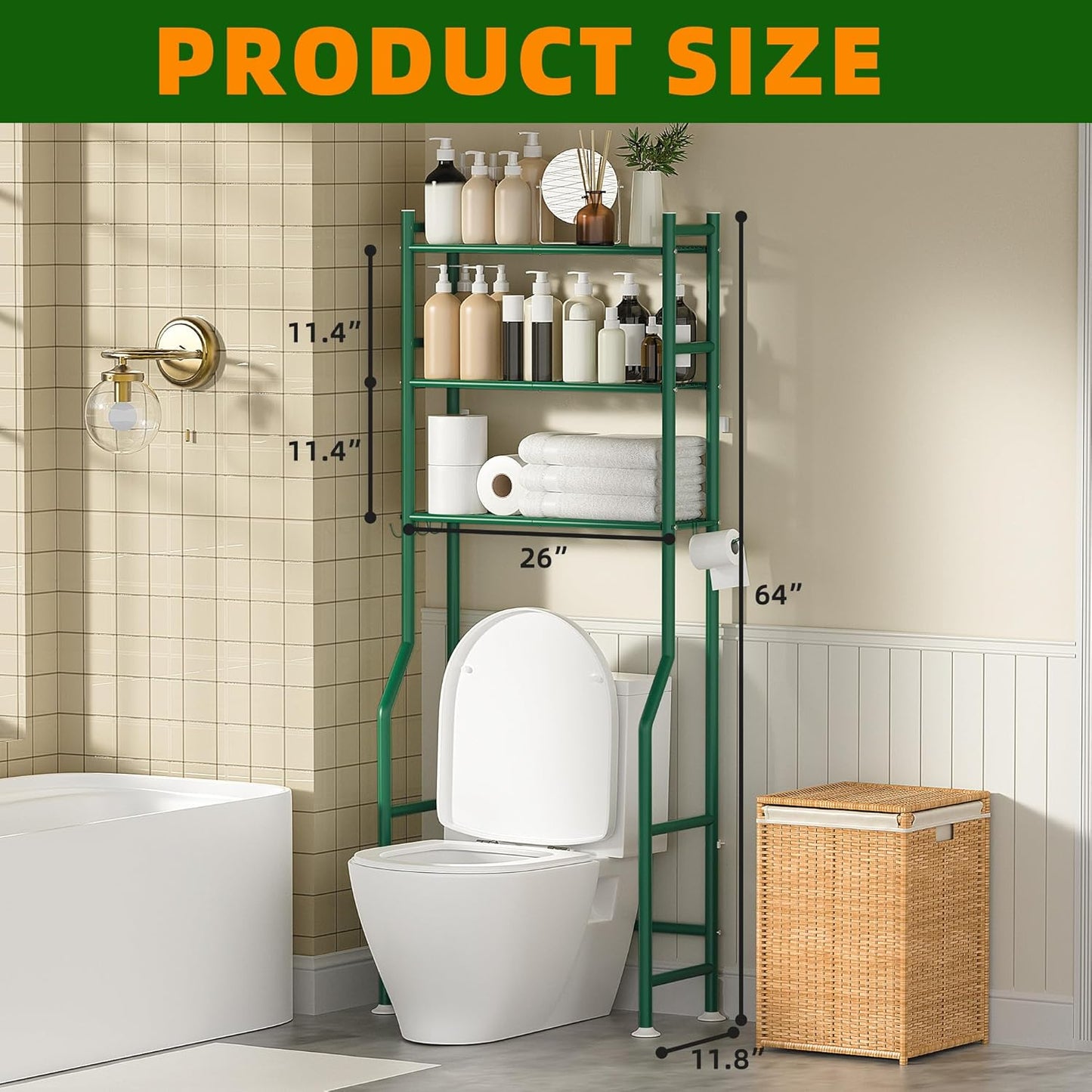 3-Tier Over The Toilet Storage, Space Saver Metal Bathroom Shelves, Freestanding Above Over Toilet Storage Shelf with 4 Hooks for Bathroom, Green