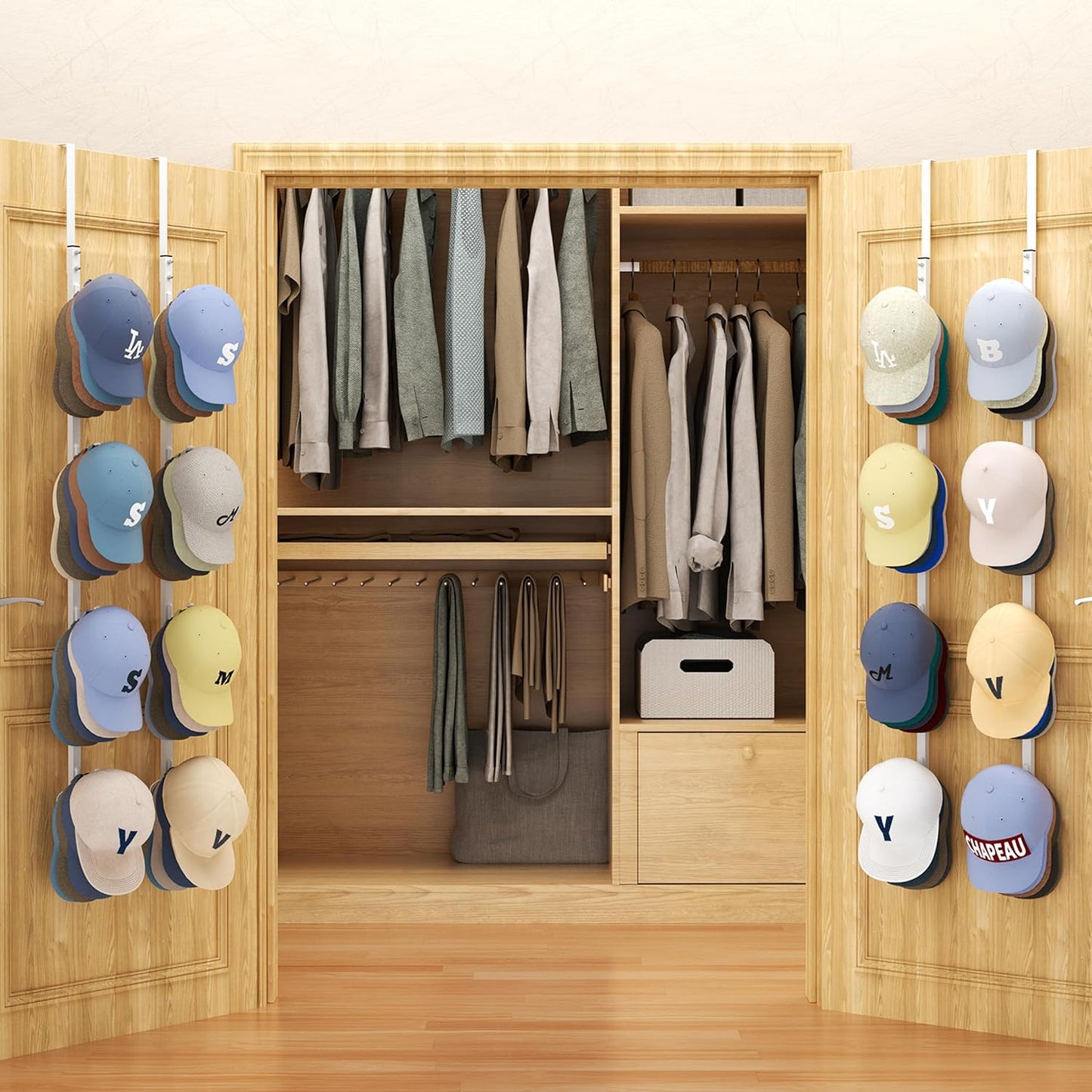 SWTYMIKI Over Door Hat Organizer - 4 Packs Metal Hanging Hat Rack with 16 Hooks Design, Baseball Cap Hanger Organizer Storage Holds up to 80 Caps for Door, Bedroom, Closet