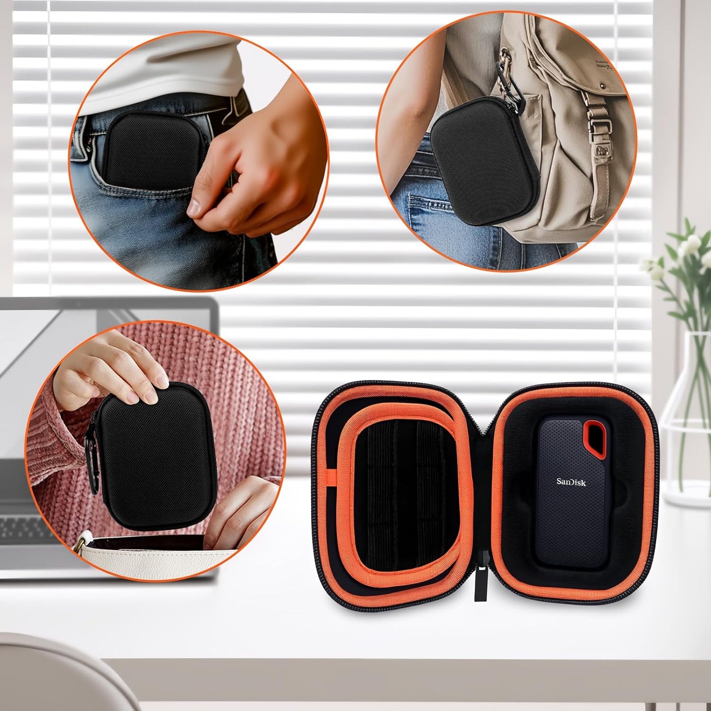 Hard Case for SanDisk Extreme Portable SSD 500GB 1TB 2TB 4TB 8TB External Solid State Drive Case -Custom-Insert Shockproof Protective Storage Travel Bag for SSD SD Card Holder (Orange)