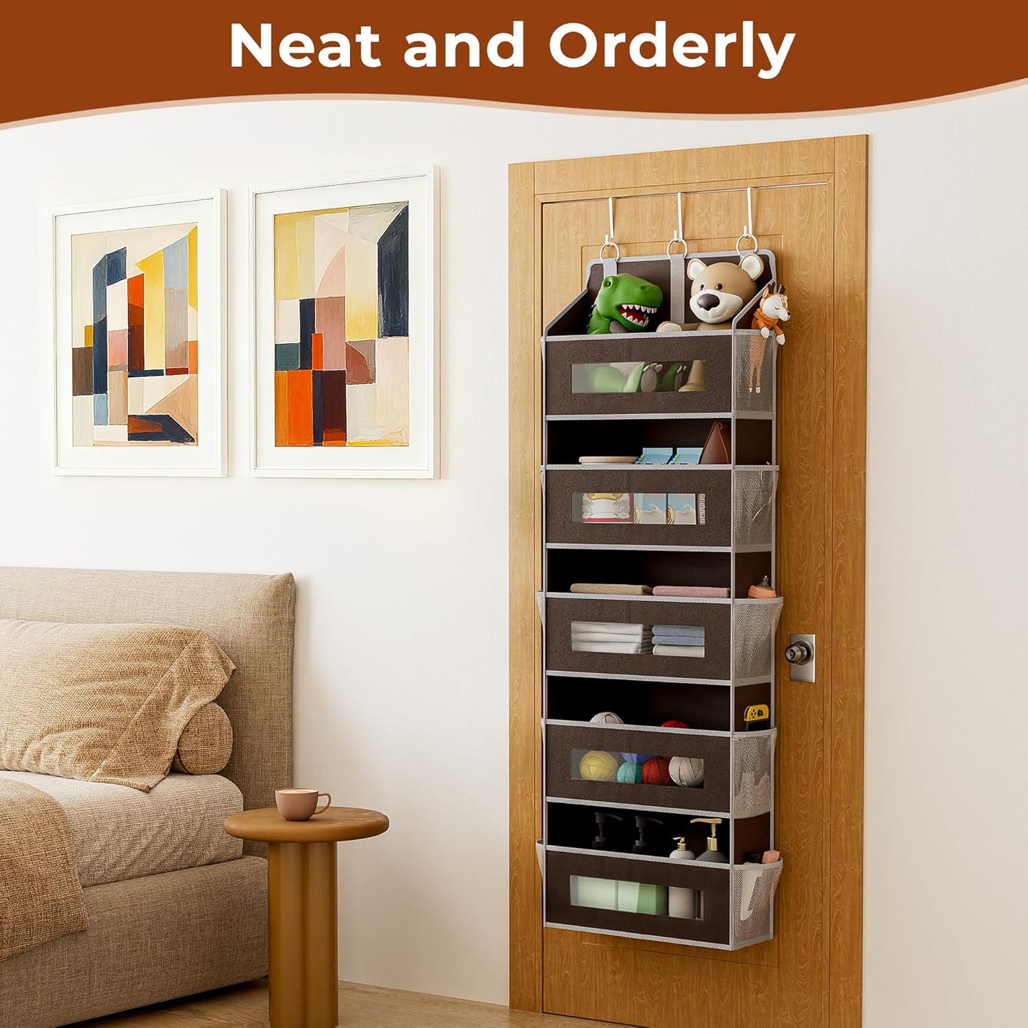 2 Packs 5-Tier Over the Door Storage Organizer with 10 Side Mesh Pockets, 48 lbs Load Capacity, 3 Hooks Design, Hanging Organizer with Clear Windows for Bathroom, Bedroom, Nursery, Kitchen-Brown