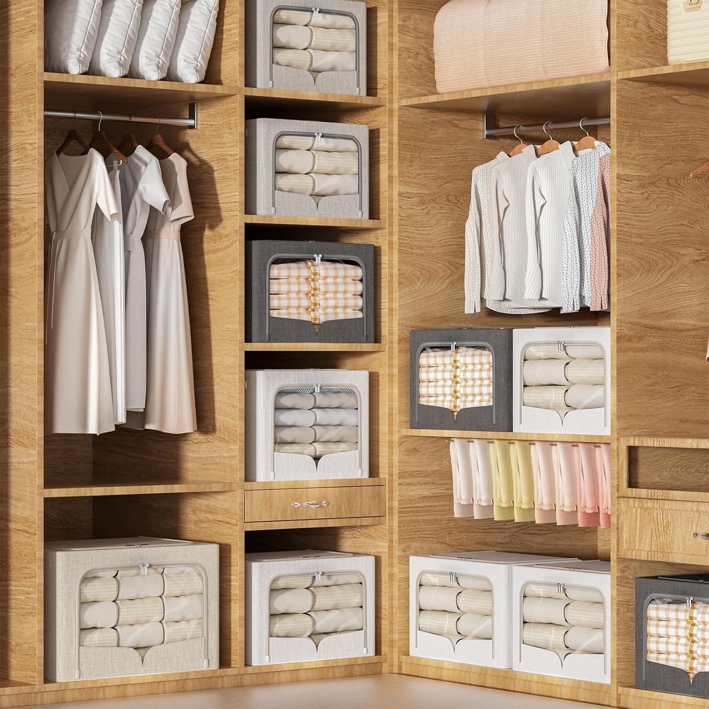 FHSQX 3 Pack Clothes Storage Bins Foldable Metal Frame Storage Box Stackable Linen Fabric Container Organizer Set with Carrying Handles and Clear Window (Cream White, 15.7x11.8x7.8inch(22L))