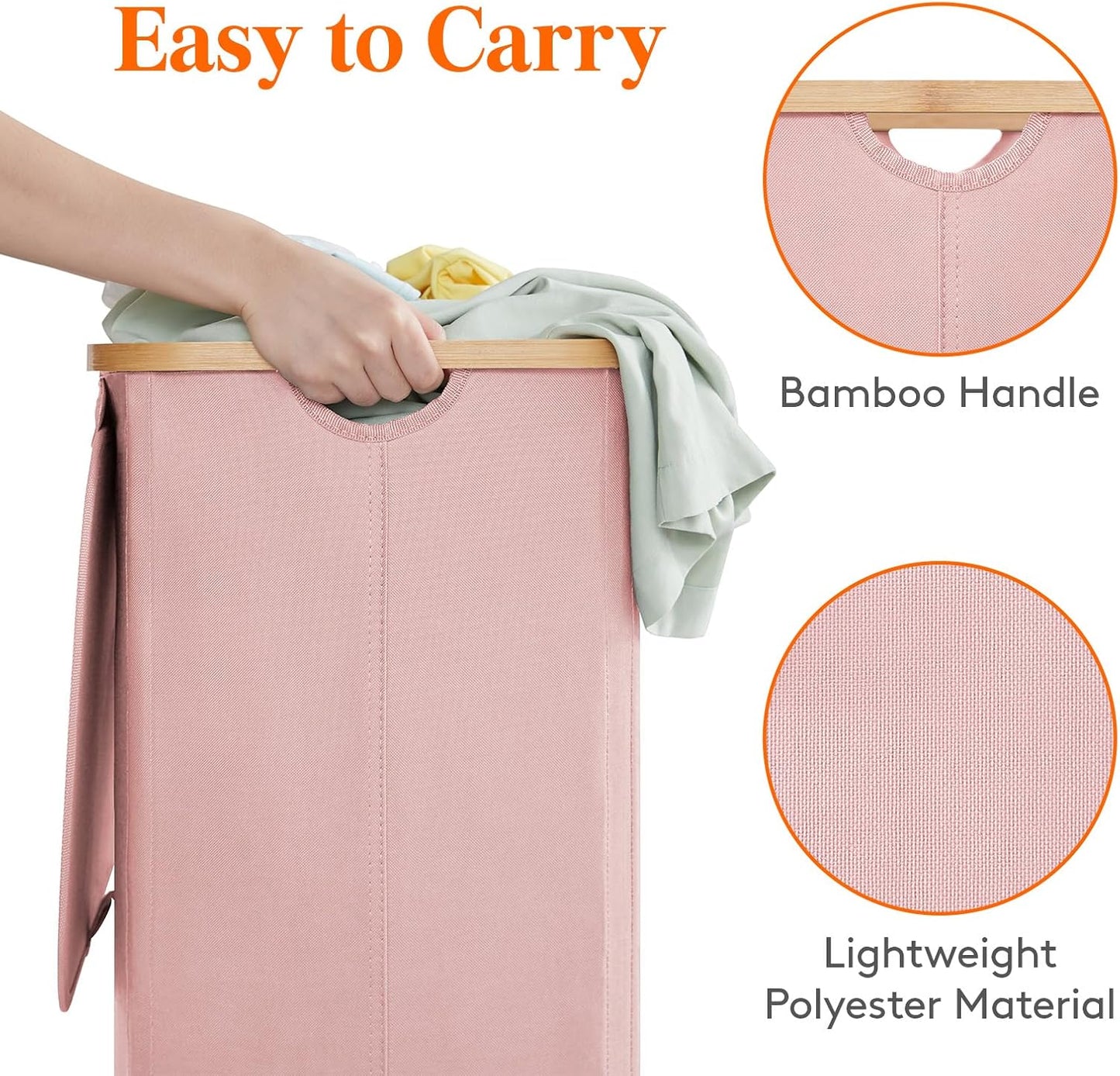 Lifewit 100L Laundry Basket with Lid, Clothes Hampers for Laundry with Bamboo Handles and A Removable Laundry Bag, Large Foldable Hamper for Bedroom, Bathroom, Dorm, Laundry Room, Pink