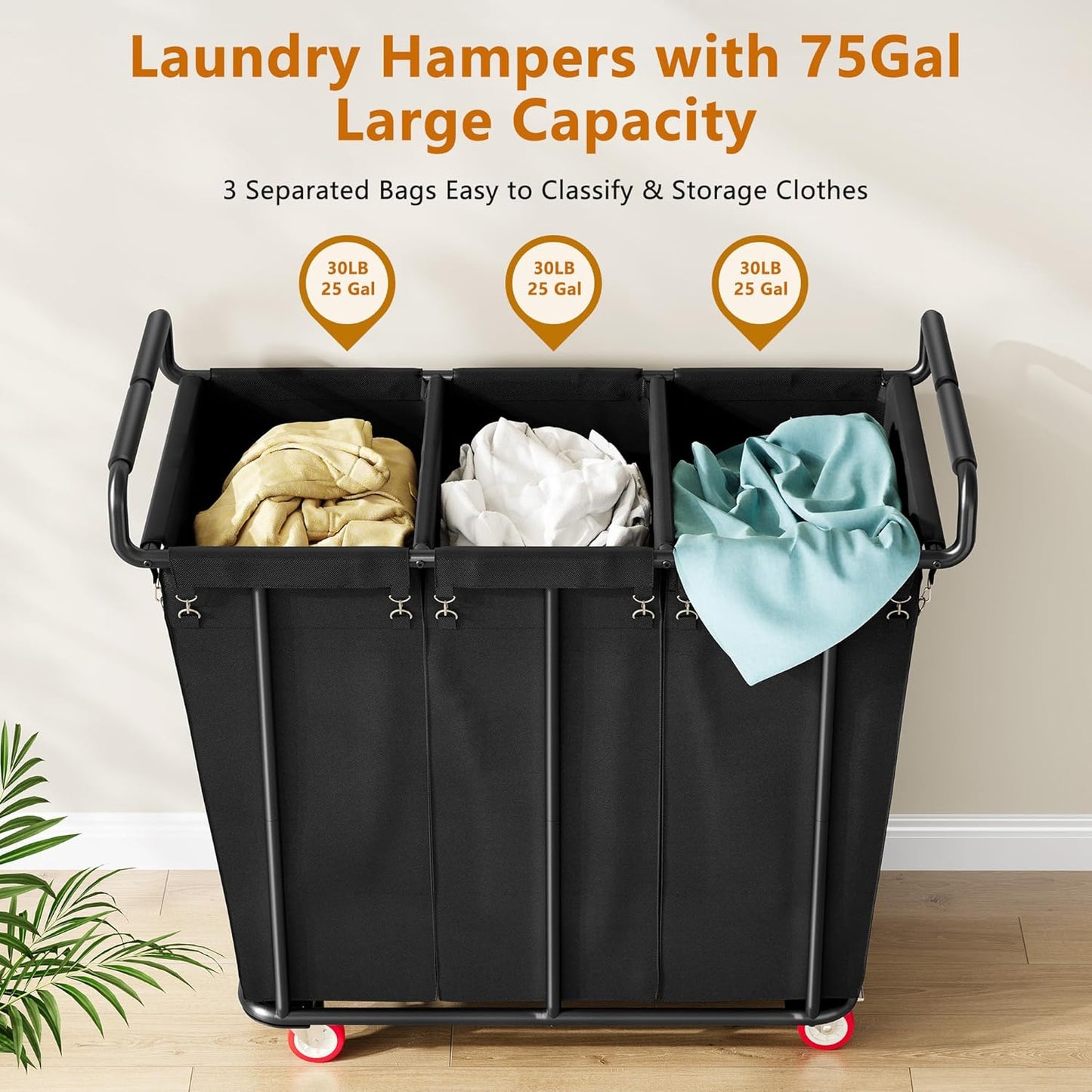 Large laundry hamper with Wheels, 360L 3 Bag Big Rolling Laundry Hamper Sorter Cart, Extra Large Laundry Clothes Hamper, Heavy Duty Laundry Basket Organizer for Laundry Room,Bathroom,Black