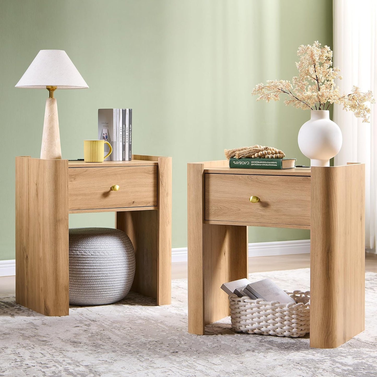 23.6" Tall Modern Nightstand Set of 2, 22" Wide Curved Bedside Table with Charging Station, Wooden Night Stand with 1 Storage Drawer, Large End Table for Bedroom, Living Room, Natural
