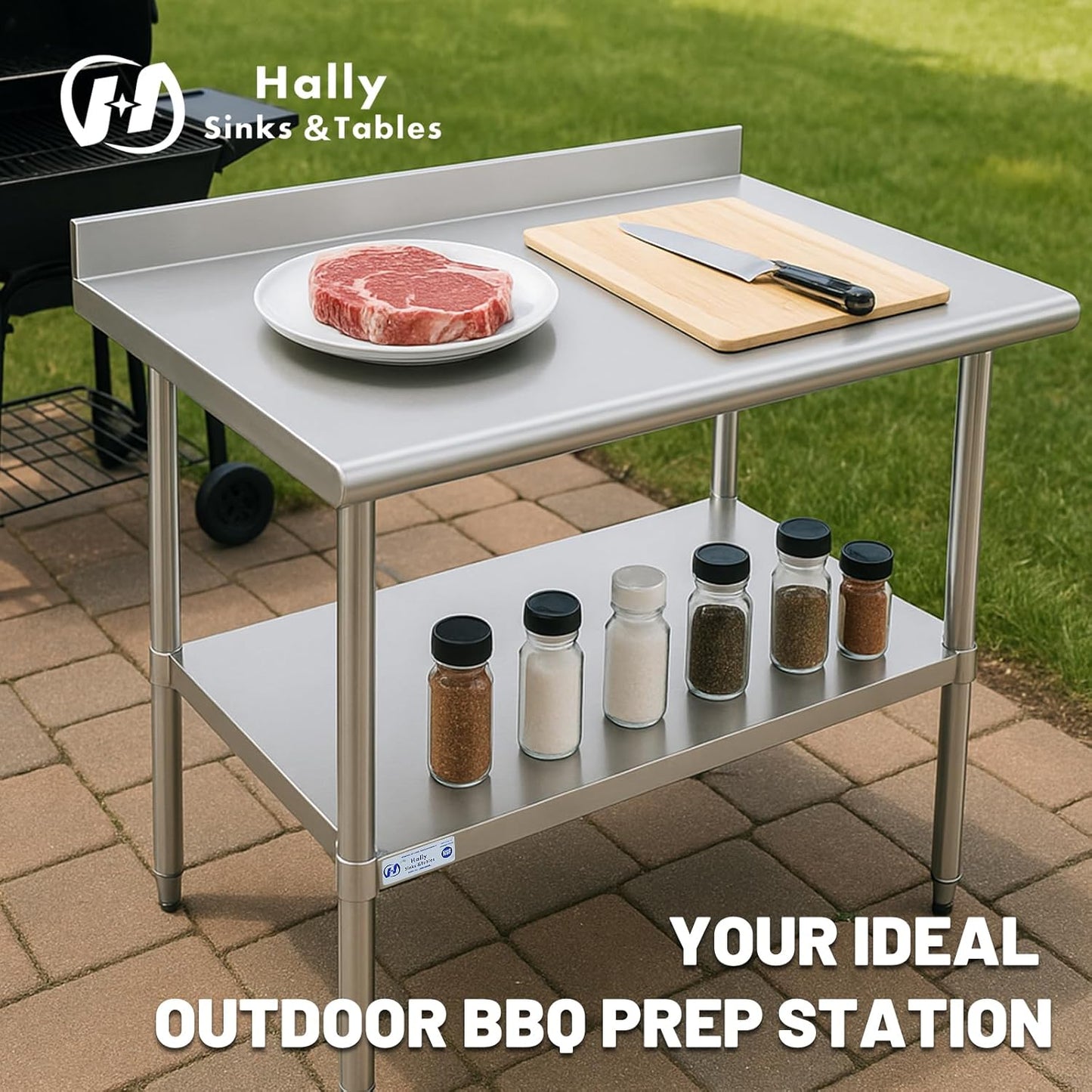 Hally Stainless Steel Table for Prep & Work 14 x 24 Inches, NSF Commercial Heavy Duty Table with Undershelf and Backsplash for Restaurant, Home and Hotel