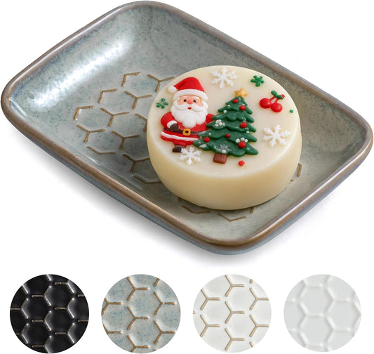 Gomakren Soap Dish for Shower, Bar Soap Holder, Ceramic Soap Dishes for Bar Soap, Christmas Sponge Holder Soap Saver Soap Tray for Bathroom Kitchen Sink, 5.5 Inch, Gray