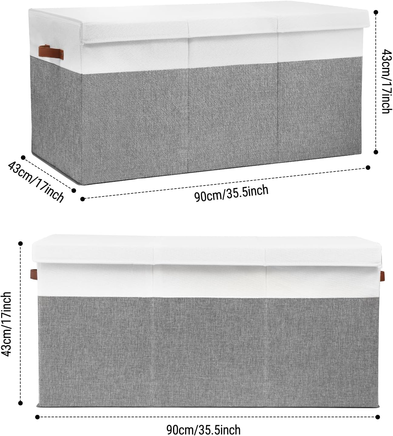 Extra Large Toy Storage Box with Lid, Sturdy Toys Storage Chest Bin Organizer Basket with Dividers for Kids, Boys, Girls, Nursery, Closet, Bedroom, Playroom 35.5"x17" x17"(Grey and White)