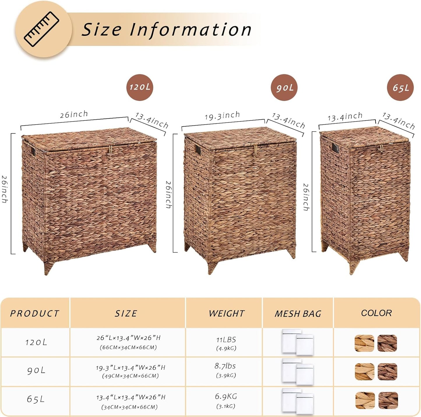 Handwoven Large Laundry Hamper with Lid and 2 Removable Liner Bags, Heightened Feet Natural Hyacinth Clothes Hamper,Wicker Laundry Basket for Clothes and Towels