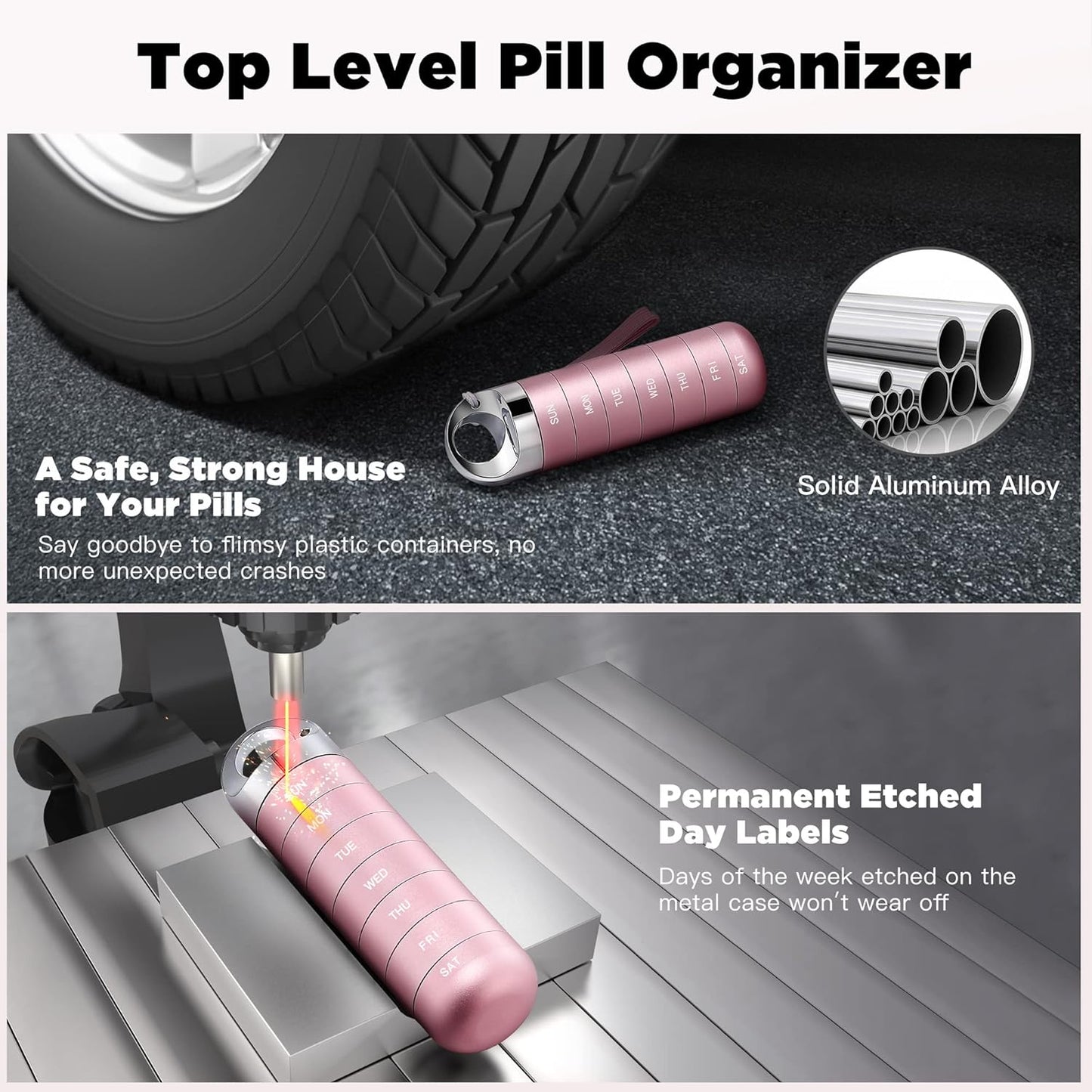Zannaki Metal Travel Pill Organizer, Portable Waterproof Weekly Pill Box, Large Aluminum Alloy Container, BPA Free 7 Day Daily Medicine Organizer Holder for Vitamin, Fish Oil, Supplement