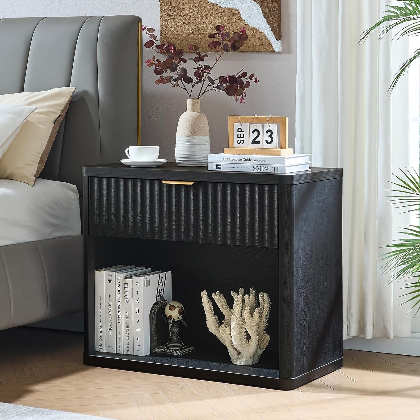 LEYAOYAO 31" Wide Fluted Nightstand Set of 2 with Charging Station, Oversized Extra Large 1 Drawer Night Stand with Golden Handle, Black Wood Bedside Table Tall End Tables,for Bedroom, Living Room