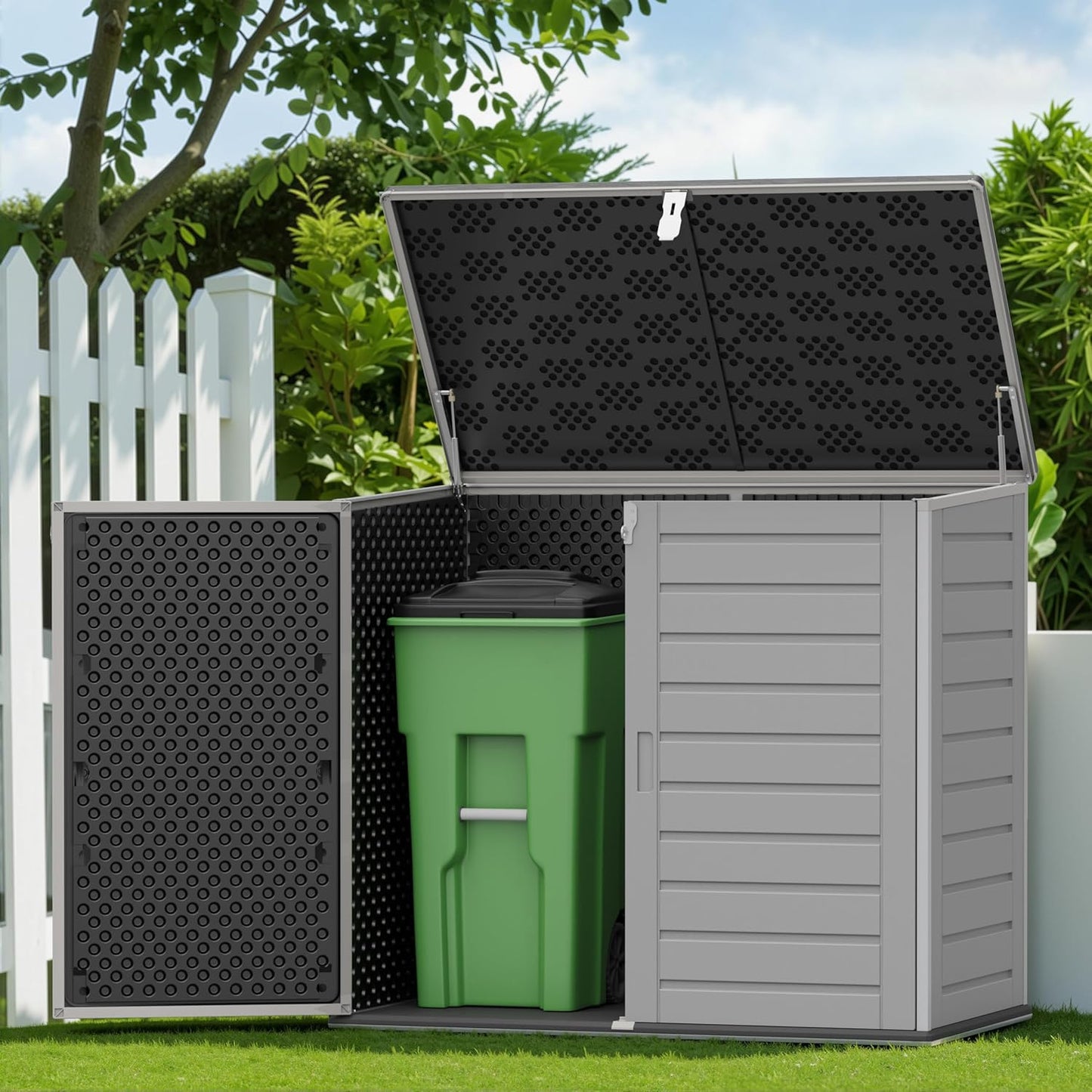 Horizontal Outdoor Storage Shed, 304 Gallon Resin Storage Shed with Lockable Doors & Lift Lid, Waterproof Backyard Shed for Trash Cans, Tools & Patio Equipment (Upgraded Version)