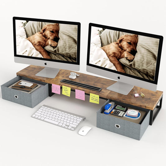 Dual Monitor Stand Riser with 2 Drawers - 39Inch Large Storage Computer Monitor Stands for 2 Monitors, Wooden Desktop Organizer Perfect for Home Office Desk, Computer, Laptop, TV, Rustic Brown
