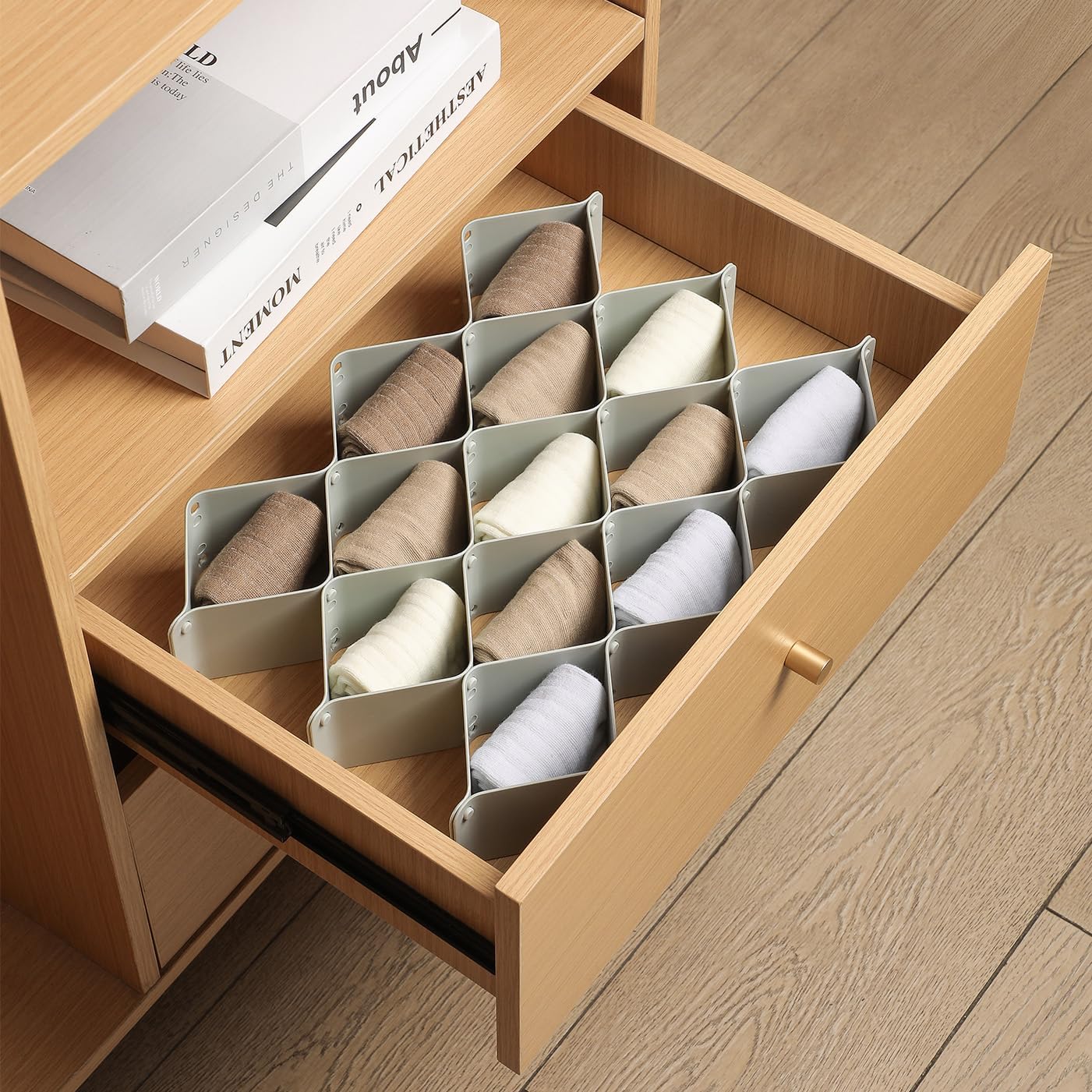 ROUFA Sock Drawer Organizer for Dresser, Honeycomb Underwear Dividers for Women, Panty Separator for Bras, Socks, Belt and Leggings (2 Sets/12pcs,Grey)