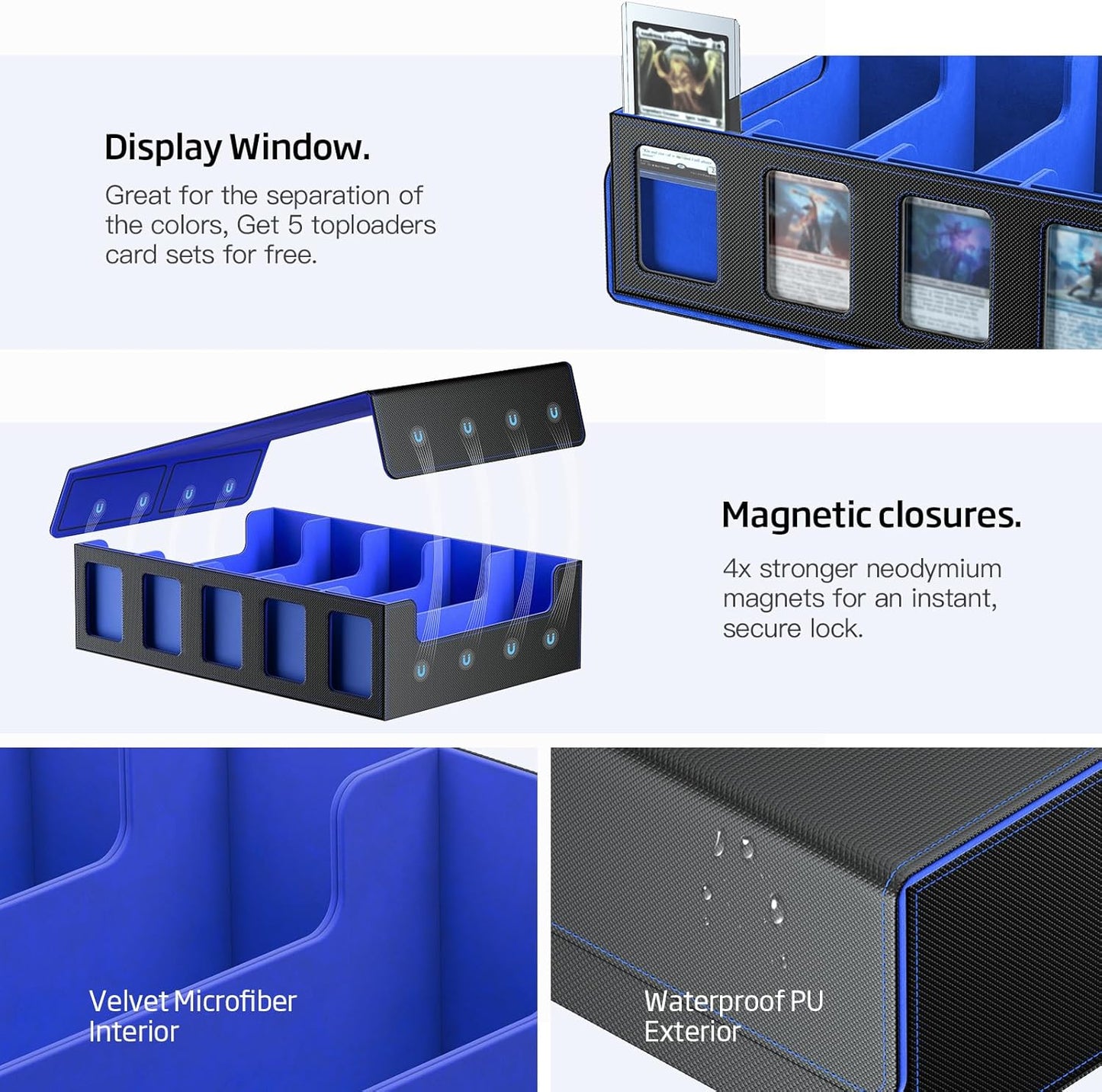 Trading Card Storage Box 5-Row 3900+ Capacity,TCG MTG Card Case with Magnetic Lid & Commander Display,Top Loader Storage for Sports Cards,Includes Dividers Dice Box（Black＆Blue）