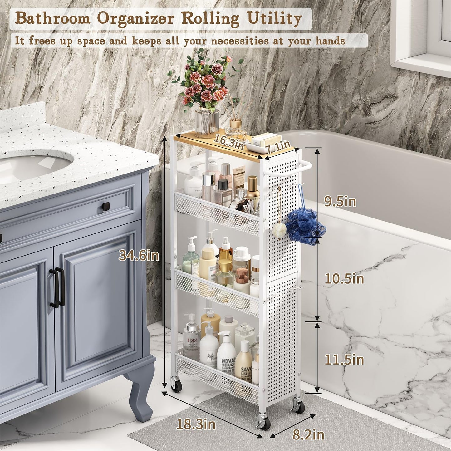 Utility Slim Storage Cart 4 Tier Small Rolling Kitchen Laundry Room Organization Cart with Wood Top Metal Narrow Laundry Room Shelves Cabinet Unit Laundry Organizer Trolley with Handle for Small space