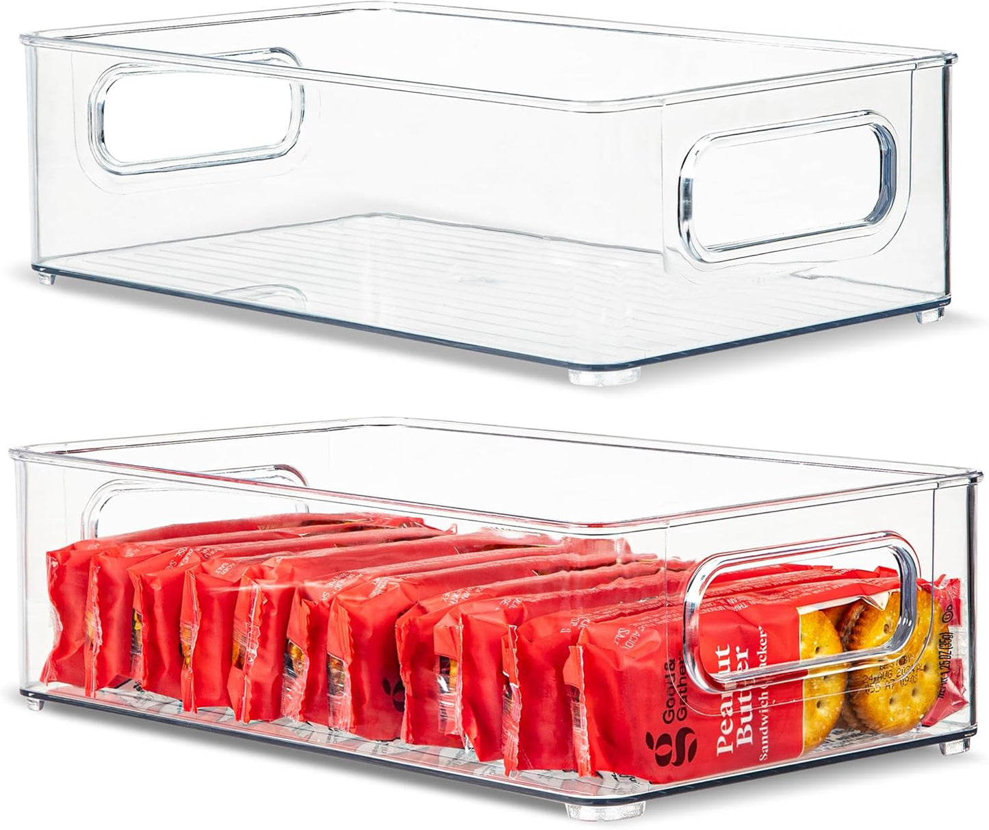 primebox Plastic Food Storage 2 Pack Clear Container Bin with Handles for Organizing Kitchen, Pantry, Refrigerator, Freezer, Pantry, Cabinet, Closet, Bathroom. Stackable 10”x6”x3”