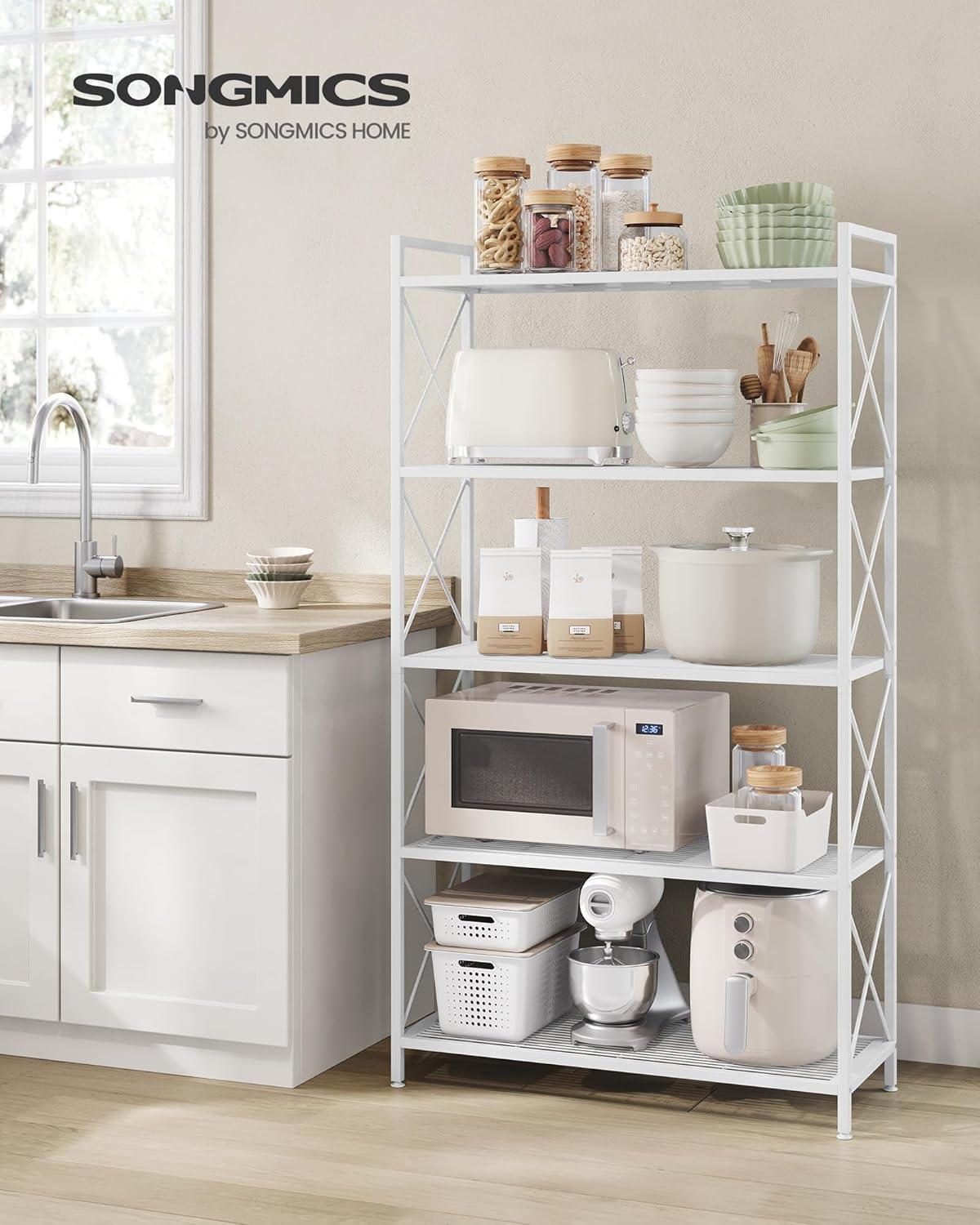 SONGMICS 5-Tier Metal Storage Rack, Shelving Unit with X Side Frames, Dense Mesh, 12.6 x 31.5 x 57.3 Inches, for Entryway, Kitchen, Living Room, Bathroom, Industrial Style, Cloud White UBSC185W01