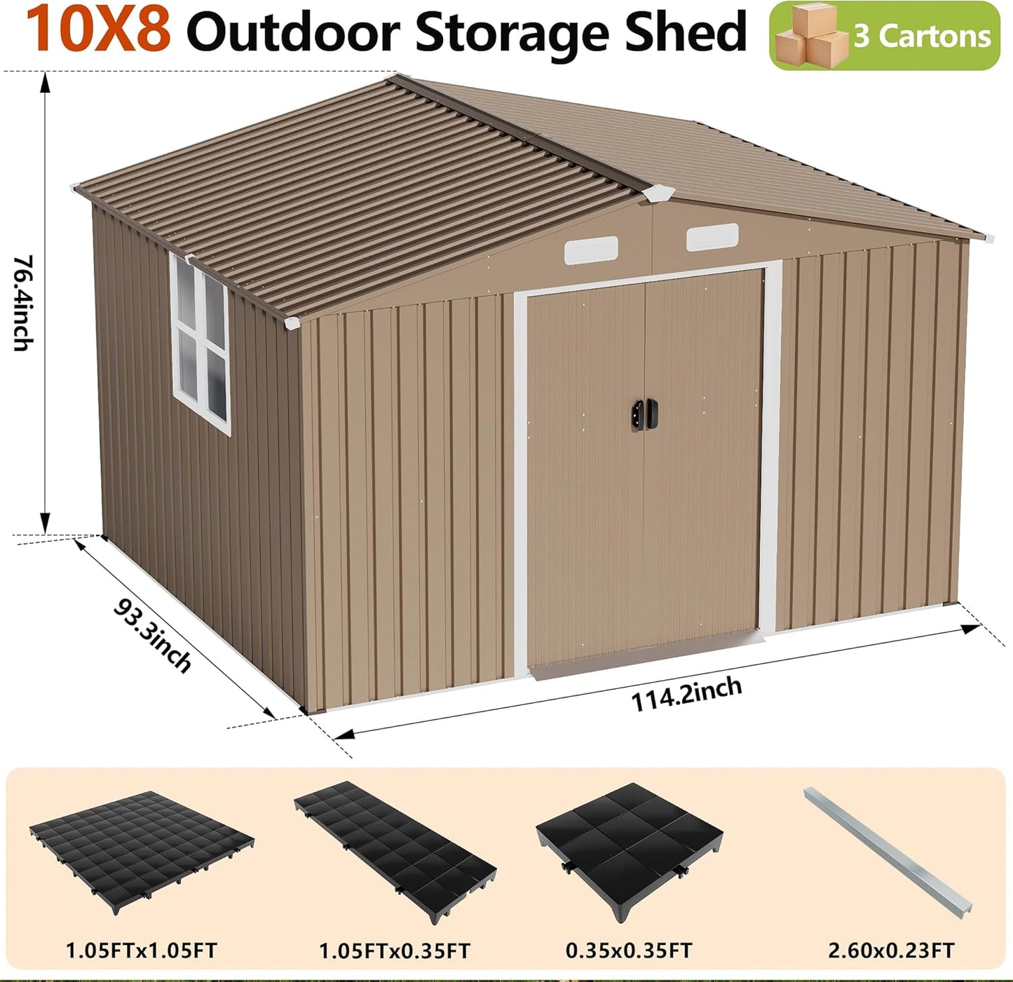 10x8FT Outdoor Storage Shed with Floor & Lockable Sliding Doors,Metal Storage Shed with 1 Air Vents,Waterproof Garden Shed for Backyard,Patio, Lawn,(Brown,Base Included)