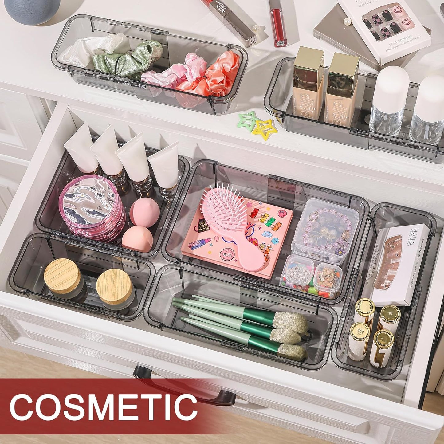 8 Pcs Extendable Clear Drawer Organizer, All Adjustable Vanity Storage Box, 2-Size Desk Drawer Organizer, Acrylic Storage Bins for Makeup, Bedroom Dressers Tool Organizer for Gadgets, Black