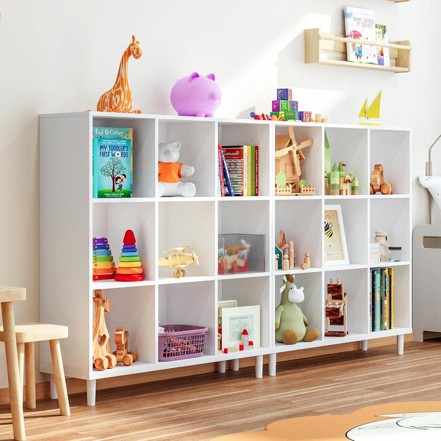 Wood Cube Storage Organizer White Bookshelf - 3-Tier Freestanding Storage Cabinet with Legs for Home Office, 9-Cubes Open Shelf