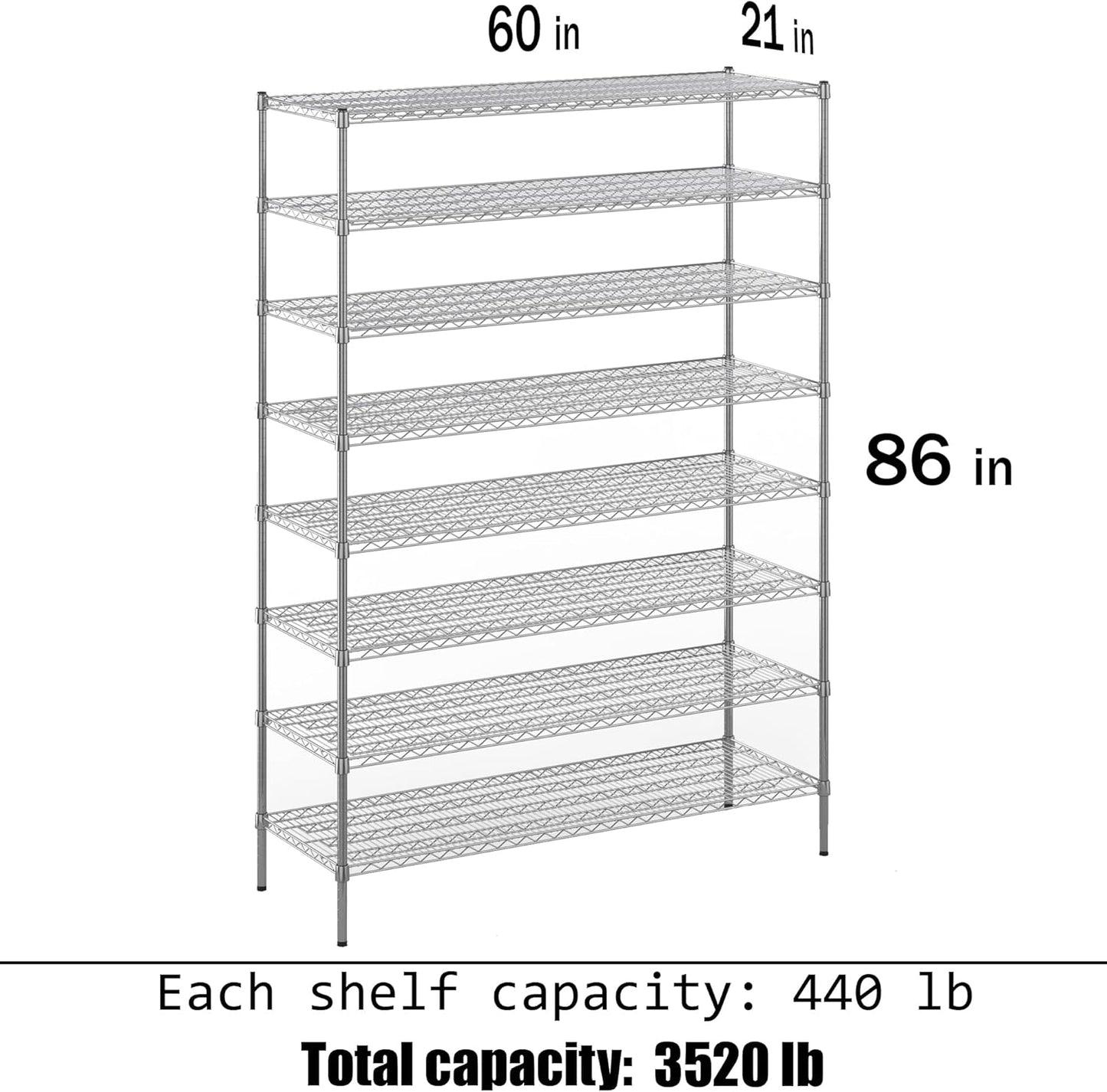 21" Deep x 60" Wide x 86" Height Wire Shelving Kit | 8-Tier | NSF Commercial Storage Rack Unit