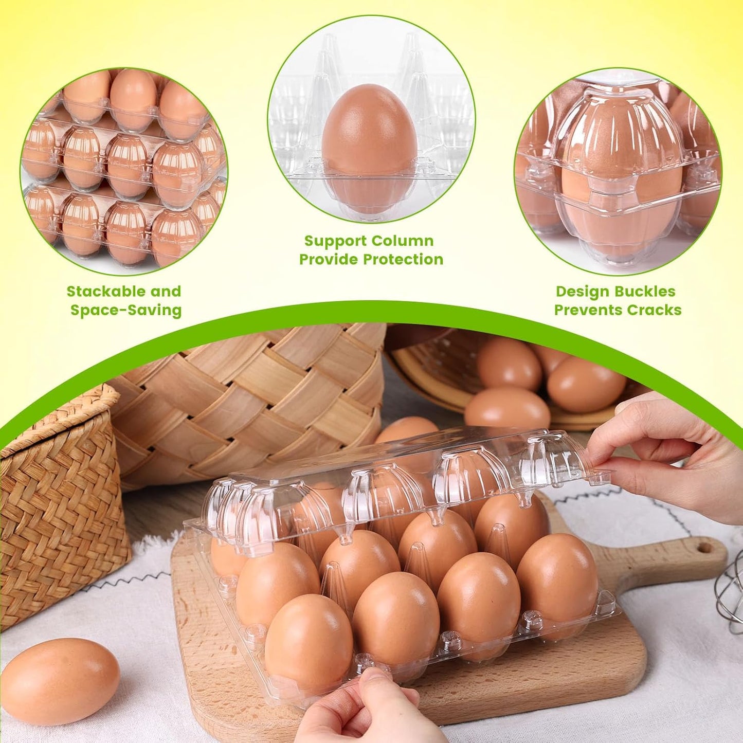 LOVEINUSA 60 Pack 12-Count Clear Plastic Egg Cartons with 60 Date Labels, Reusable PET Dozen Egg Holders for Medium Chicken Eggs, Clamshell Cartons for Farm, Home Fridge & Market Display