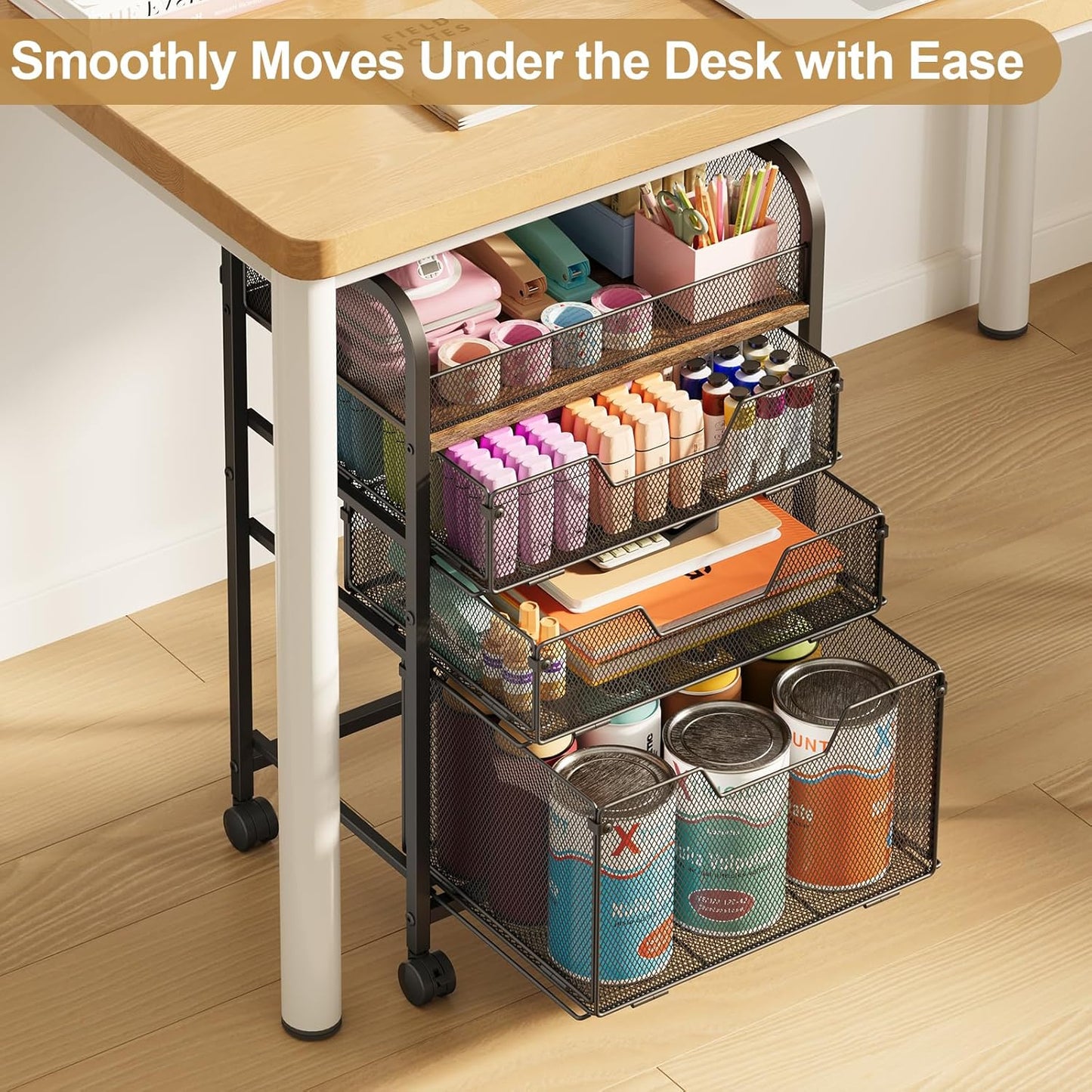 4-Tier Rolling Utility Cart with 3 Drawers - Craft Organizers and Storage with 360° Lockable Wheels,Art Supply Storage Organizer for Art Supplies, Store for Brushes & Paints & Artifacts Small Parts