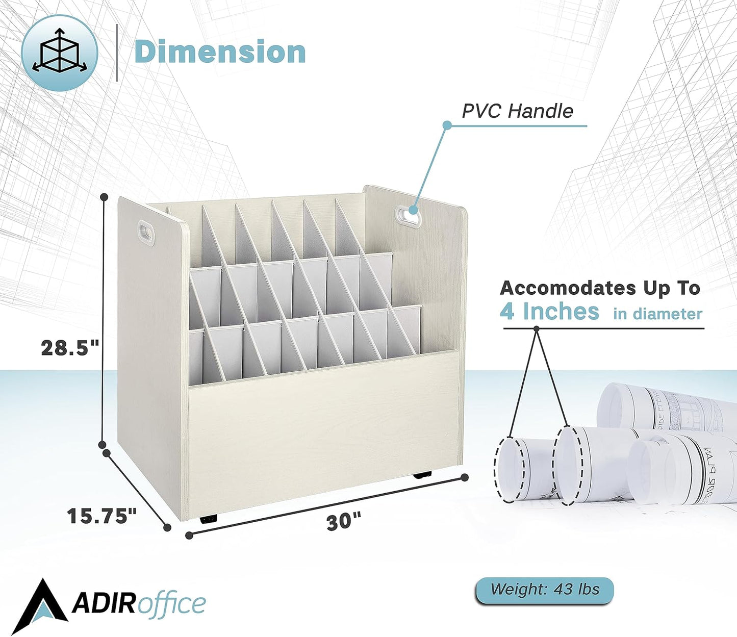 AdirOffice Adir Blue Print Storage Organizer - Mobile Roll File Cart, Construction Plan Holders, Blueprint Cabinet with Wheels, Roll Files Storage for Office and Home (21 Slots, White)