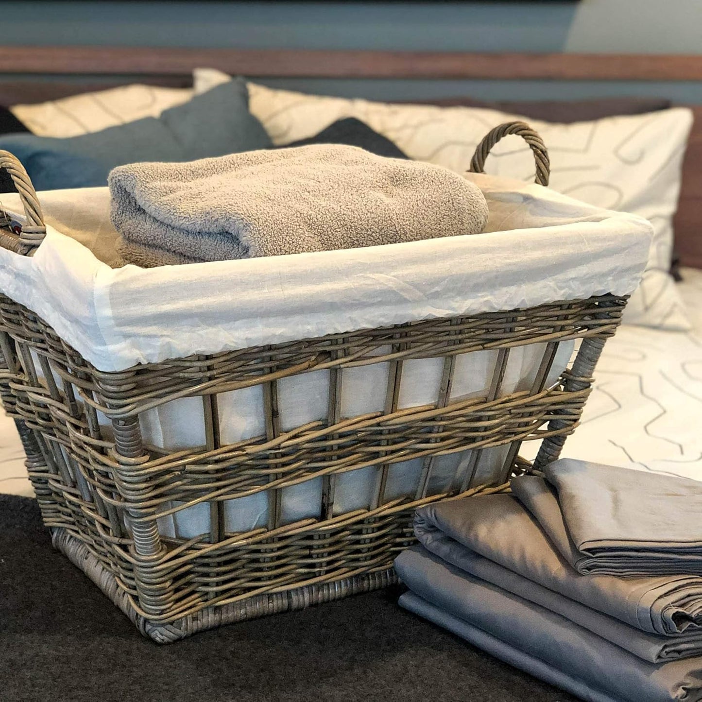 The Basket Lady Kubu Wicker French Laundry Basket, 23 in L x 18.5 in W x 18.5 in H, Serene Grey